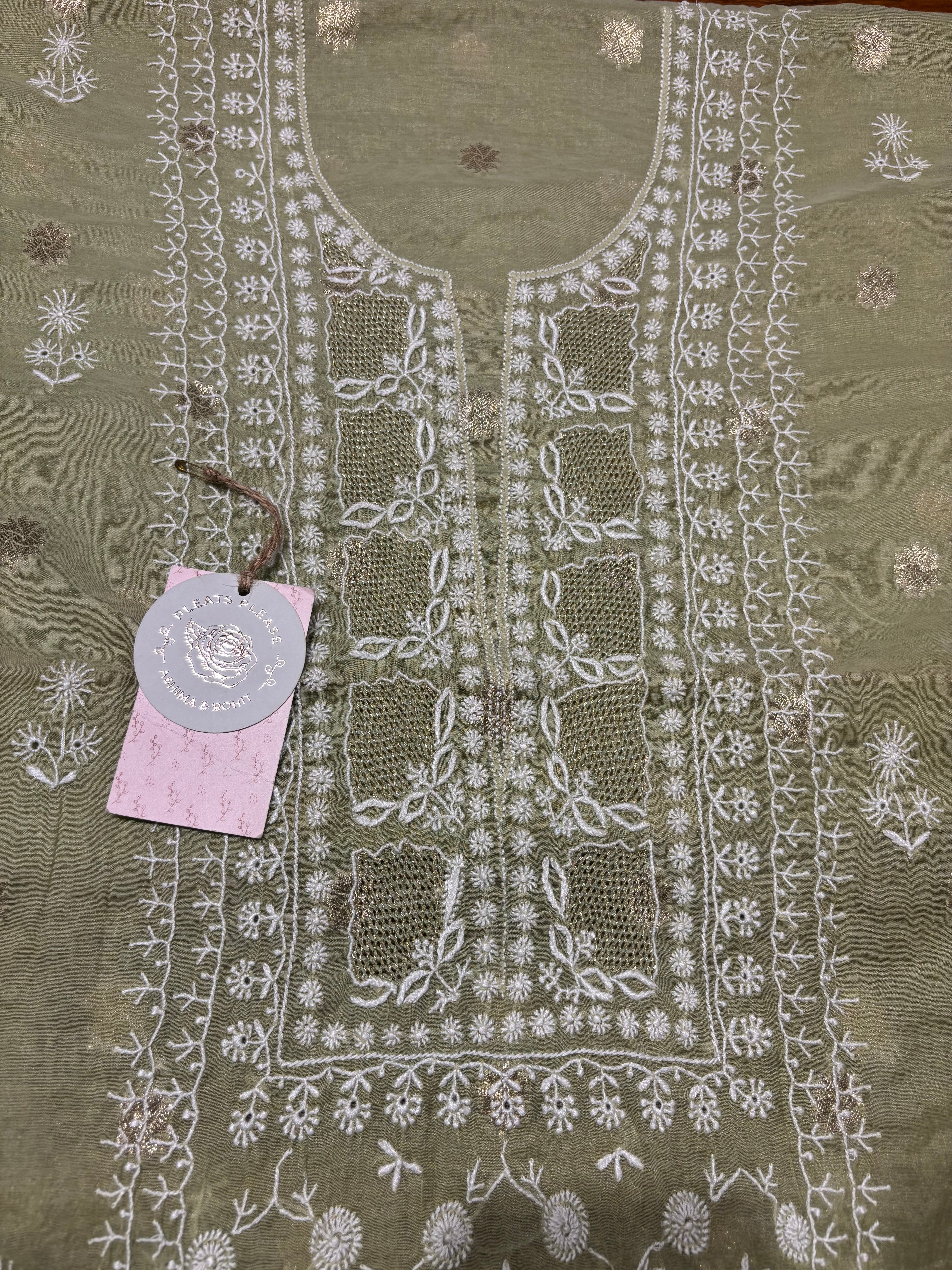 Green Chanderi silk Chikankari Kurta and Dupatta Fabric
