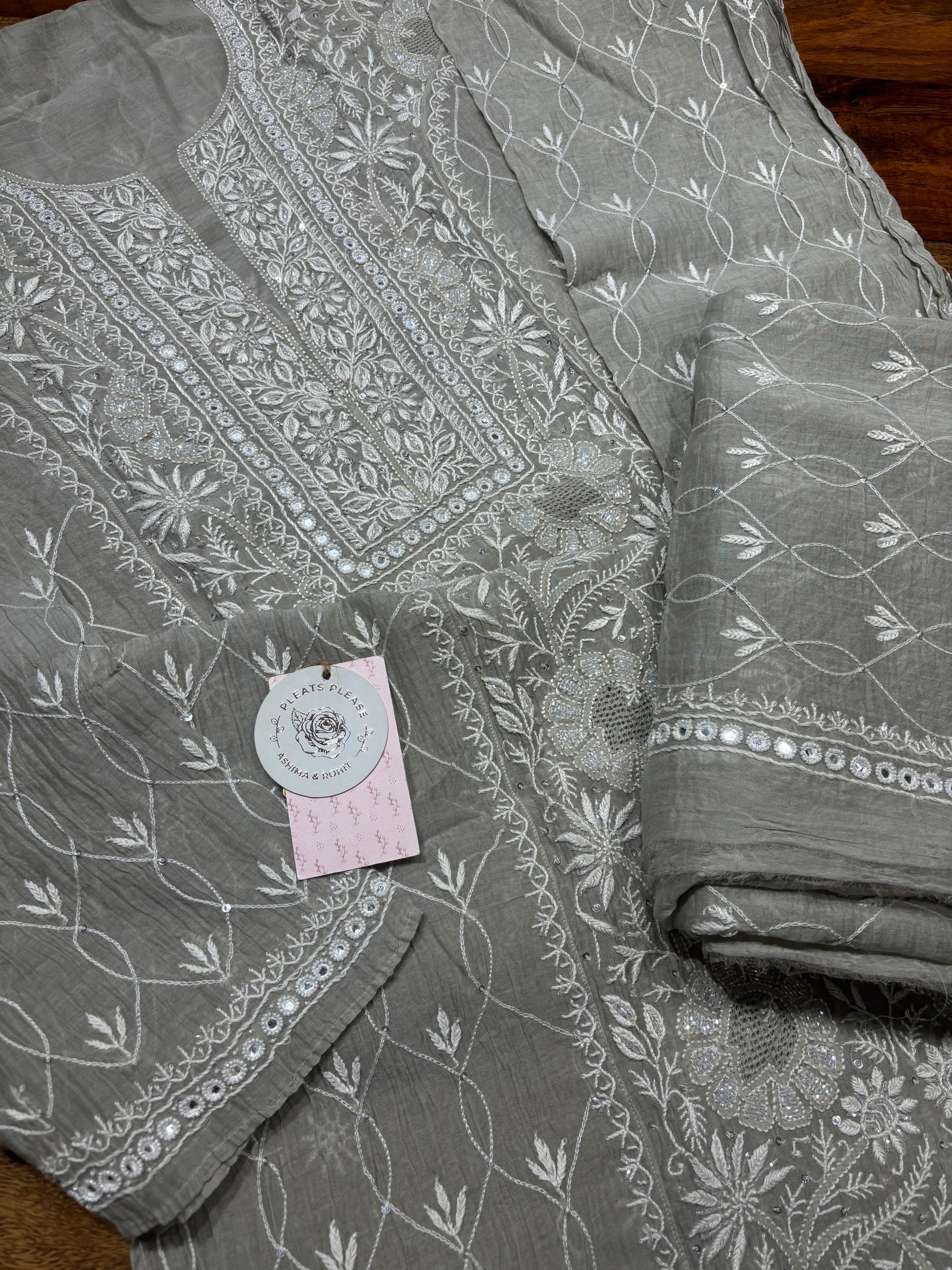 Ash chanderi Mul Chikankari Kurta and Dupatta set