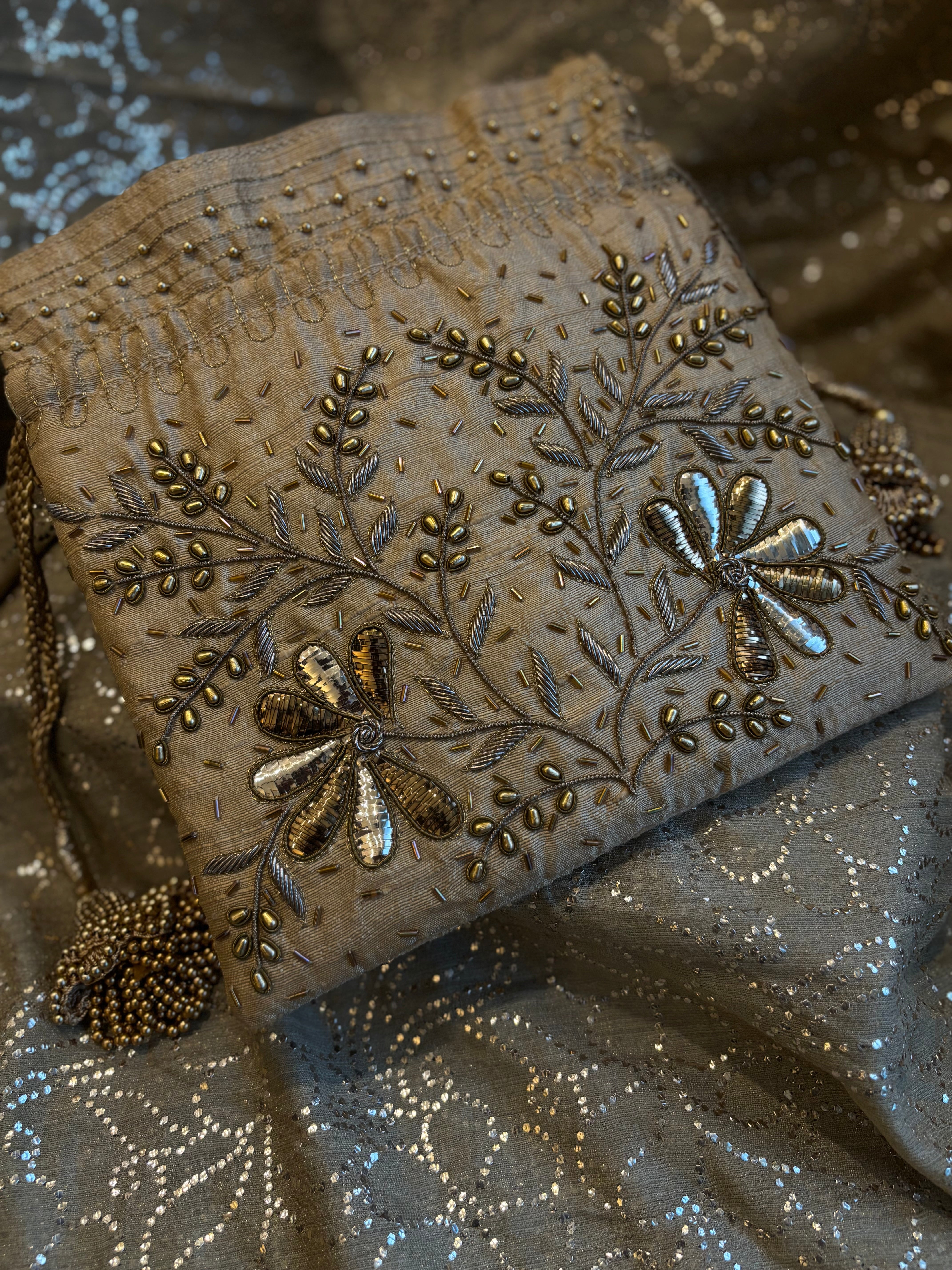 Beige Zardozi & Mukaish Potli