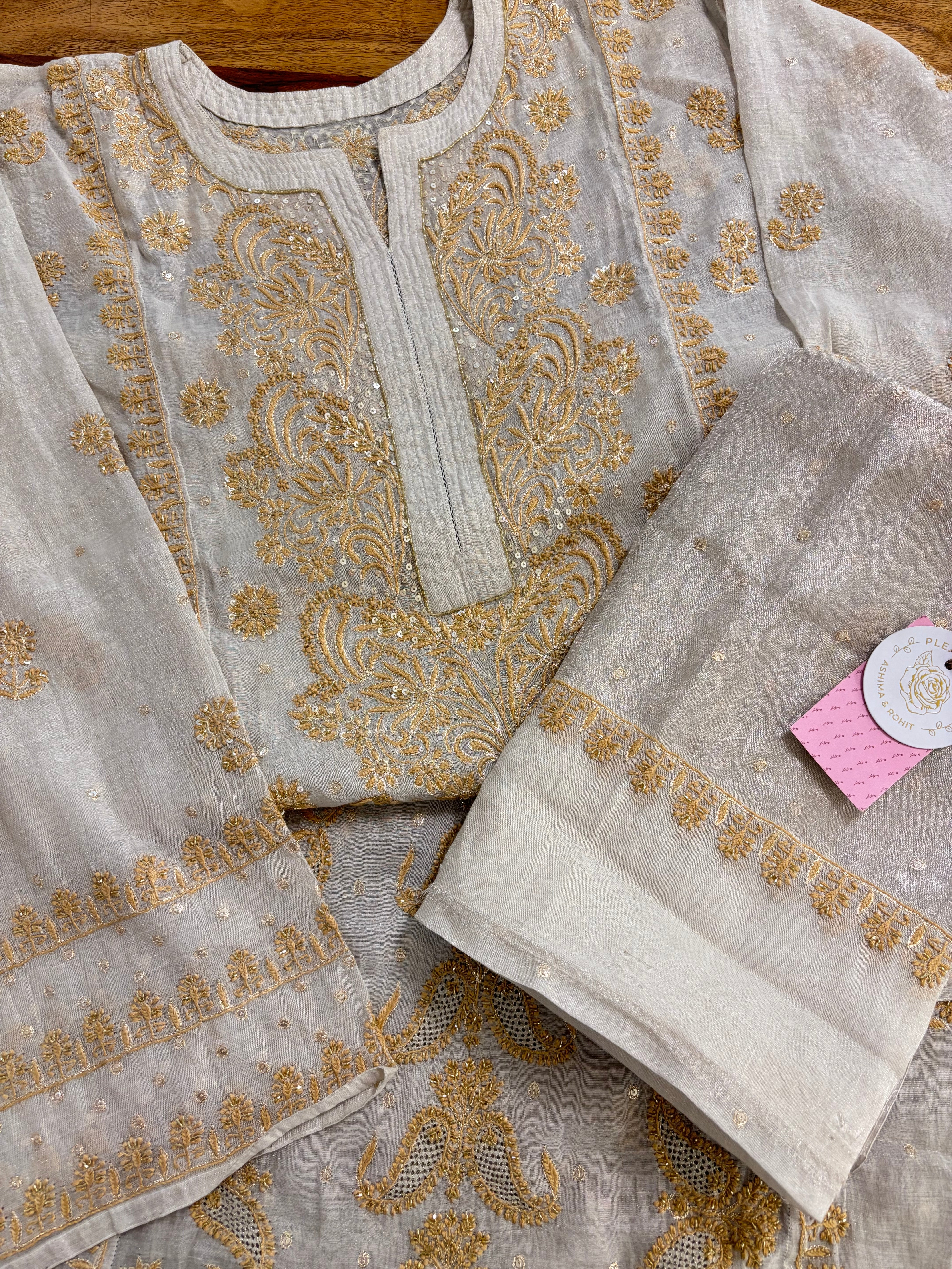 Dyeable Ivory Silver Pure & Premium Tissue Chikankari Kurta & Dupatta