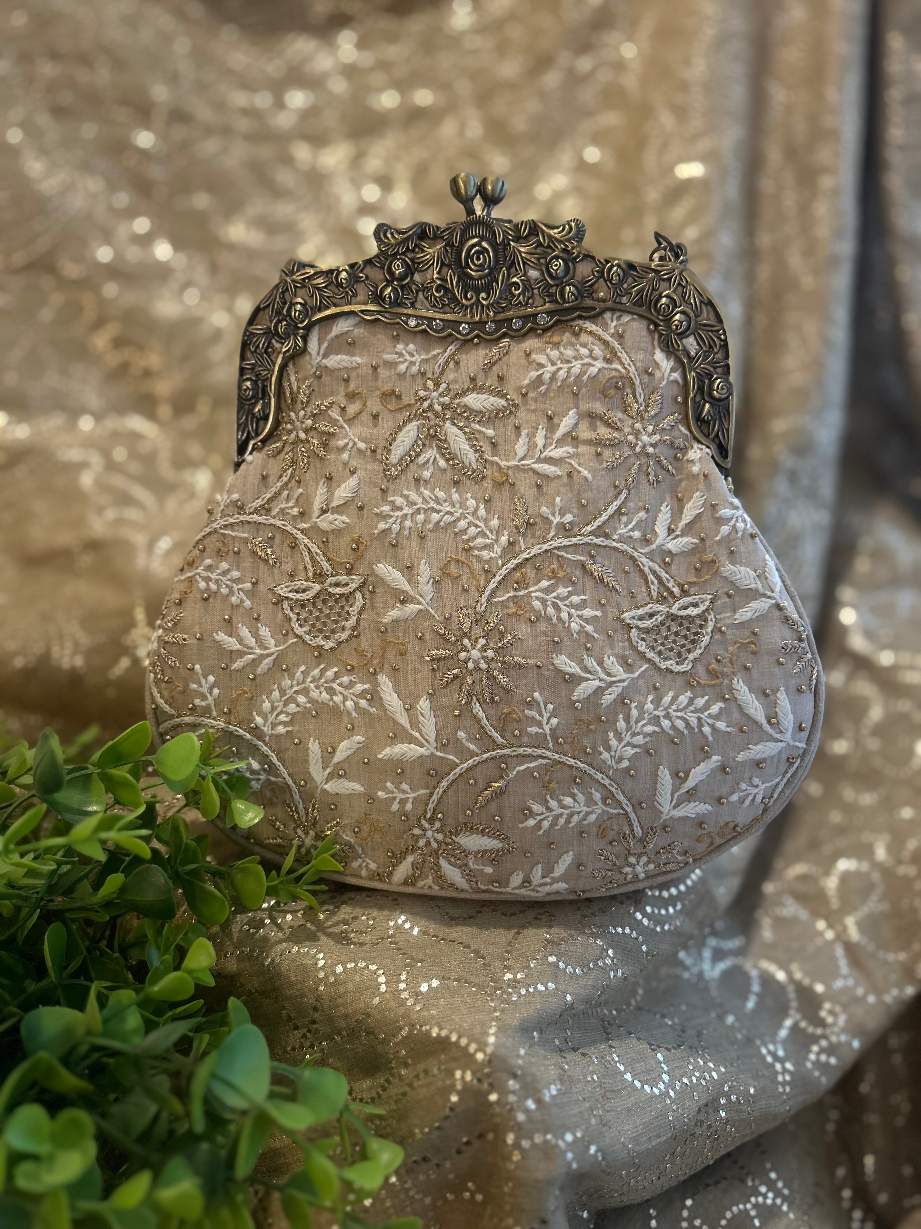 Beige Chikankari Clutch Bag