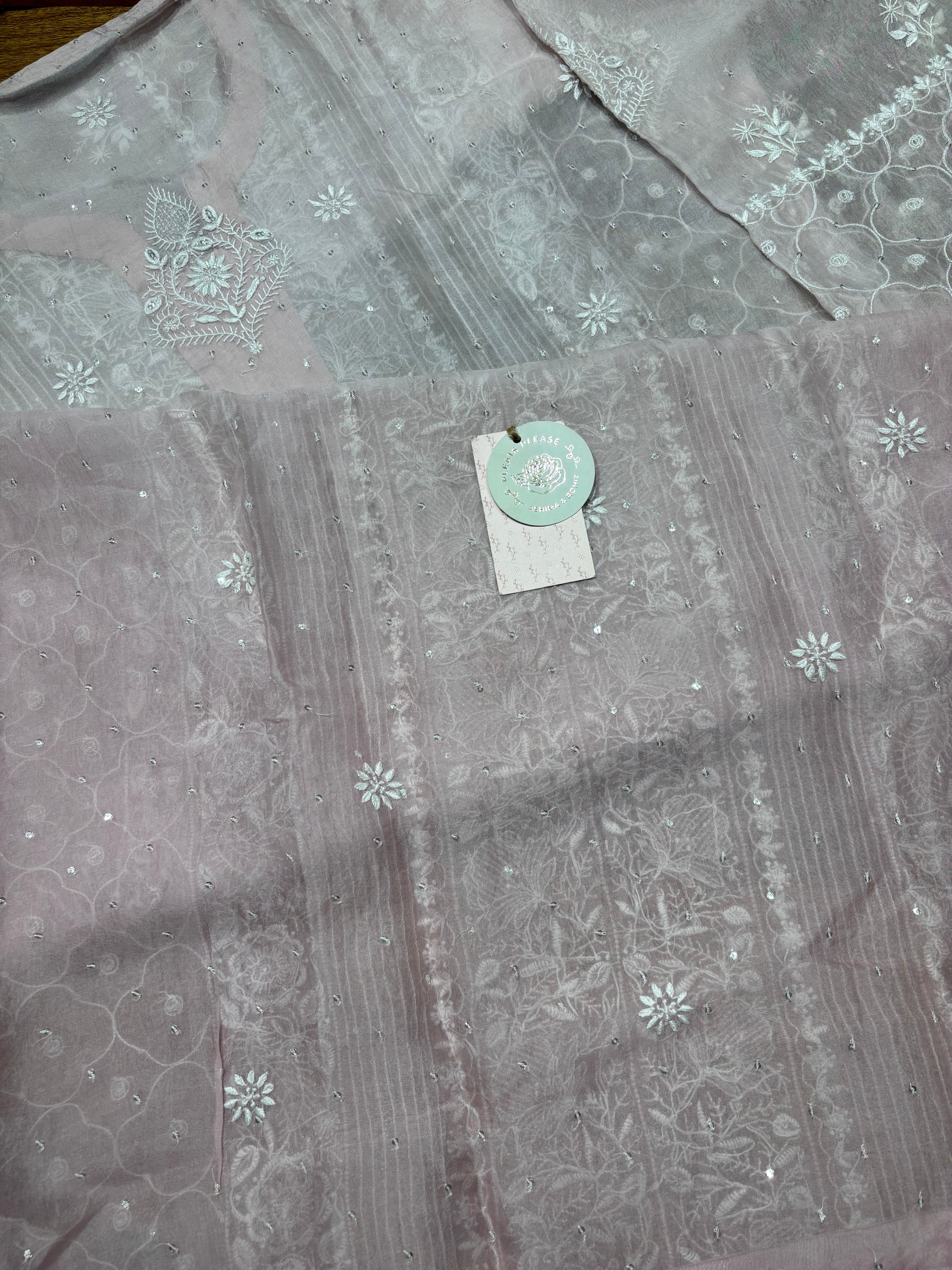 Pink Ombre Pure And Premium Organza Silk Chikankari Kurta And Dupatta Set