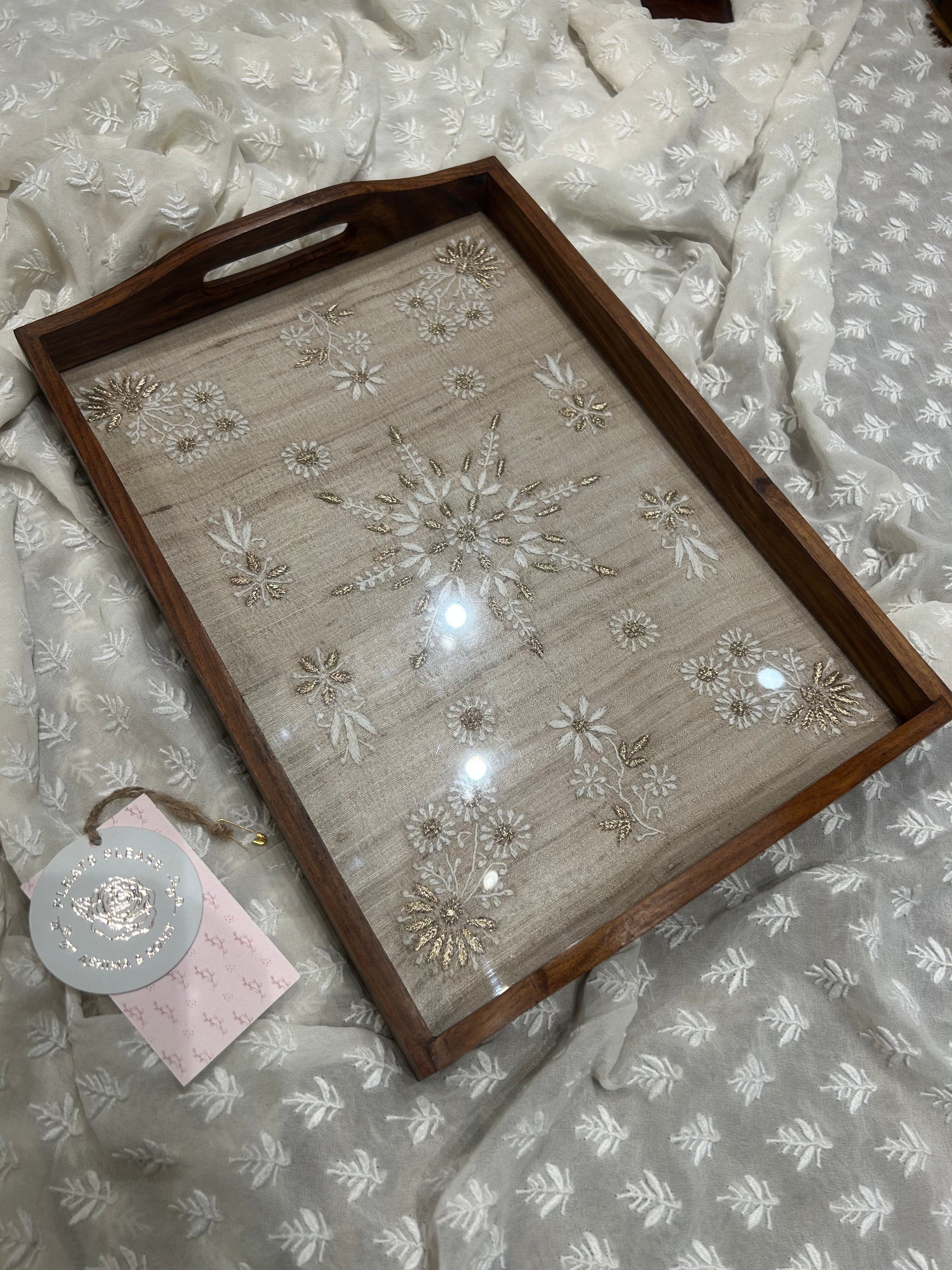 Fawn Silk Rectangle Chikankari Wooden Tray
