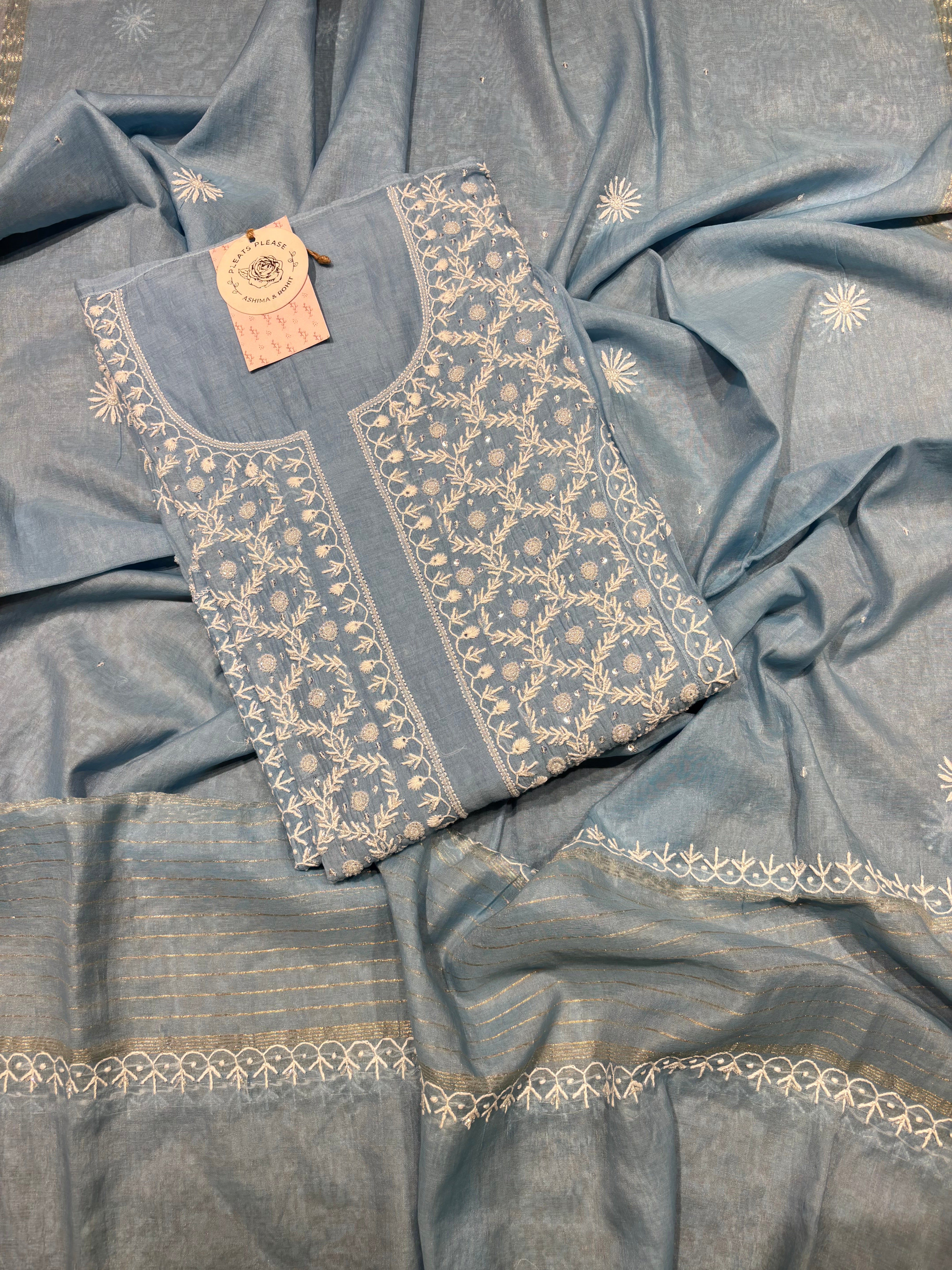 Powder Blue Chanderi Mul Chikankari Kurta & Dupatta Set