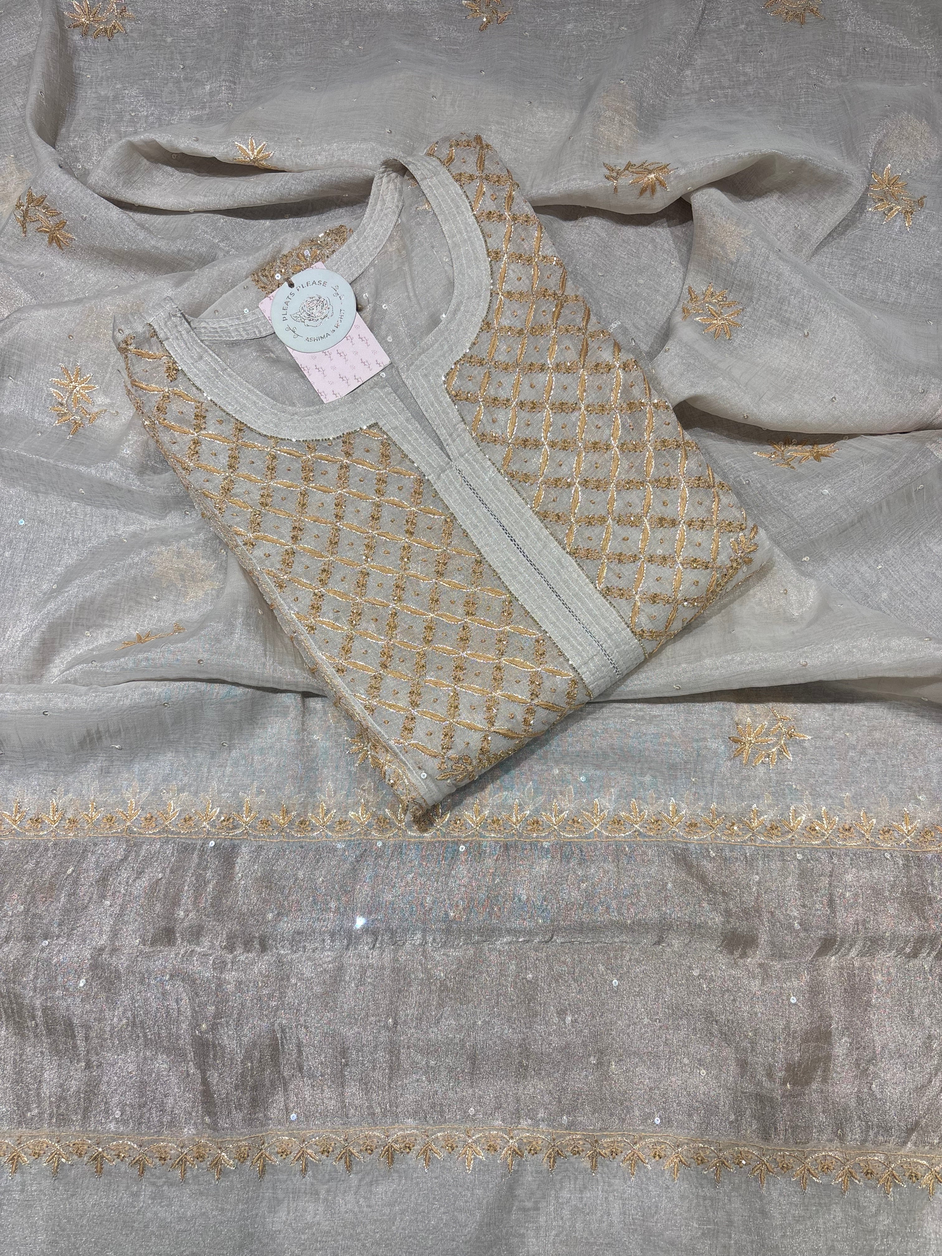 Dyeable Pure & Premium Silver Tissue Chikankari Kurta & Dupatta Set