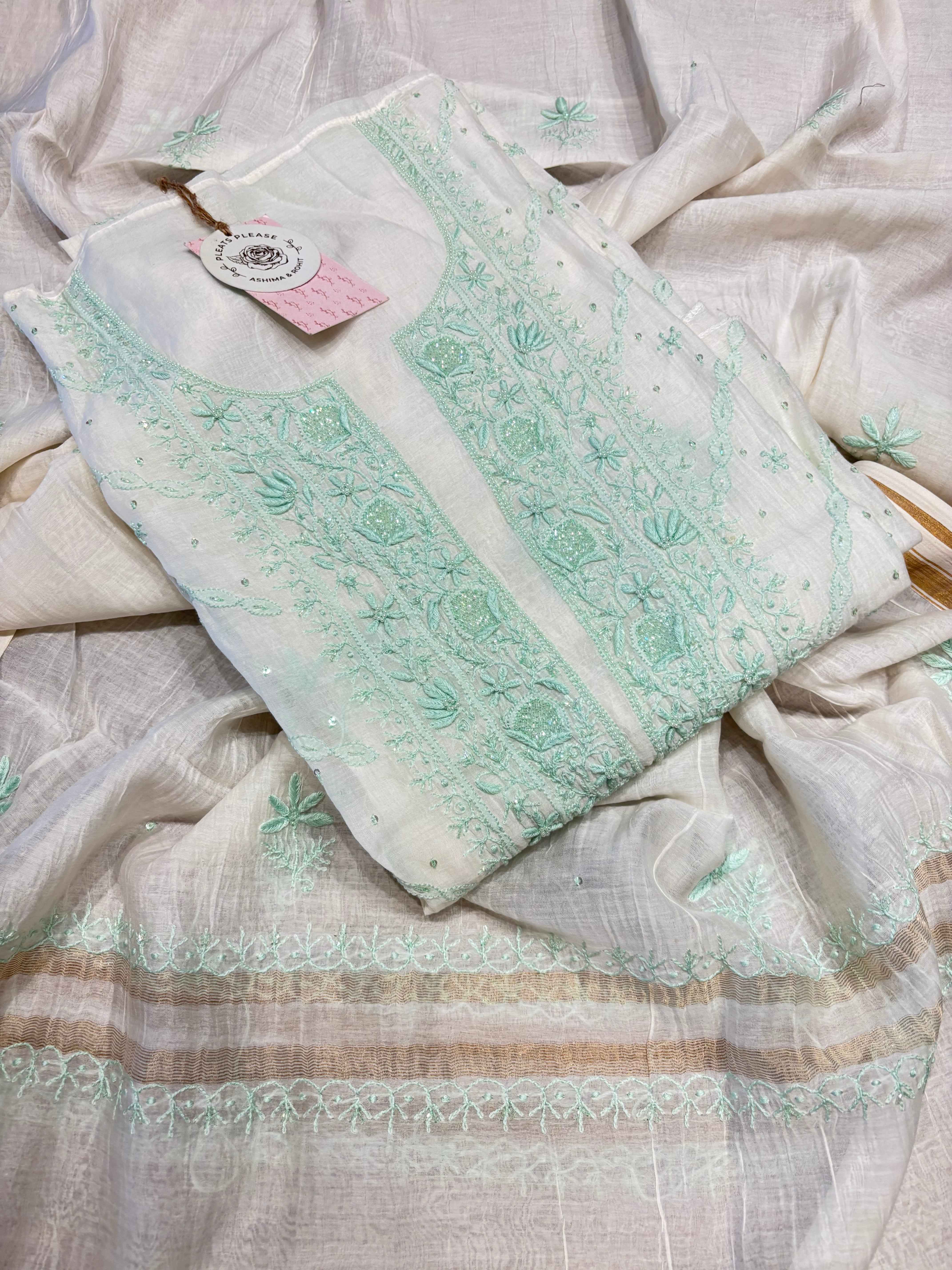 Dyeable Chanderi Mul Chikankari Kurta and Dupatta - Pleats PleaseChikankari
