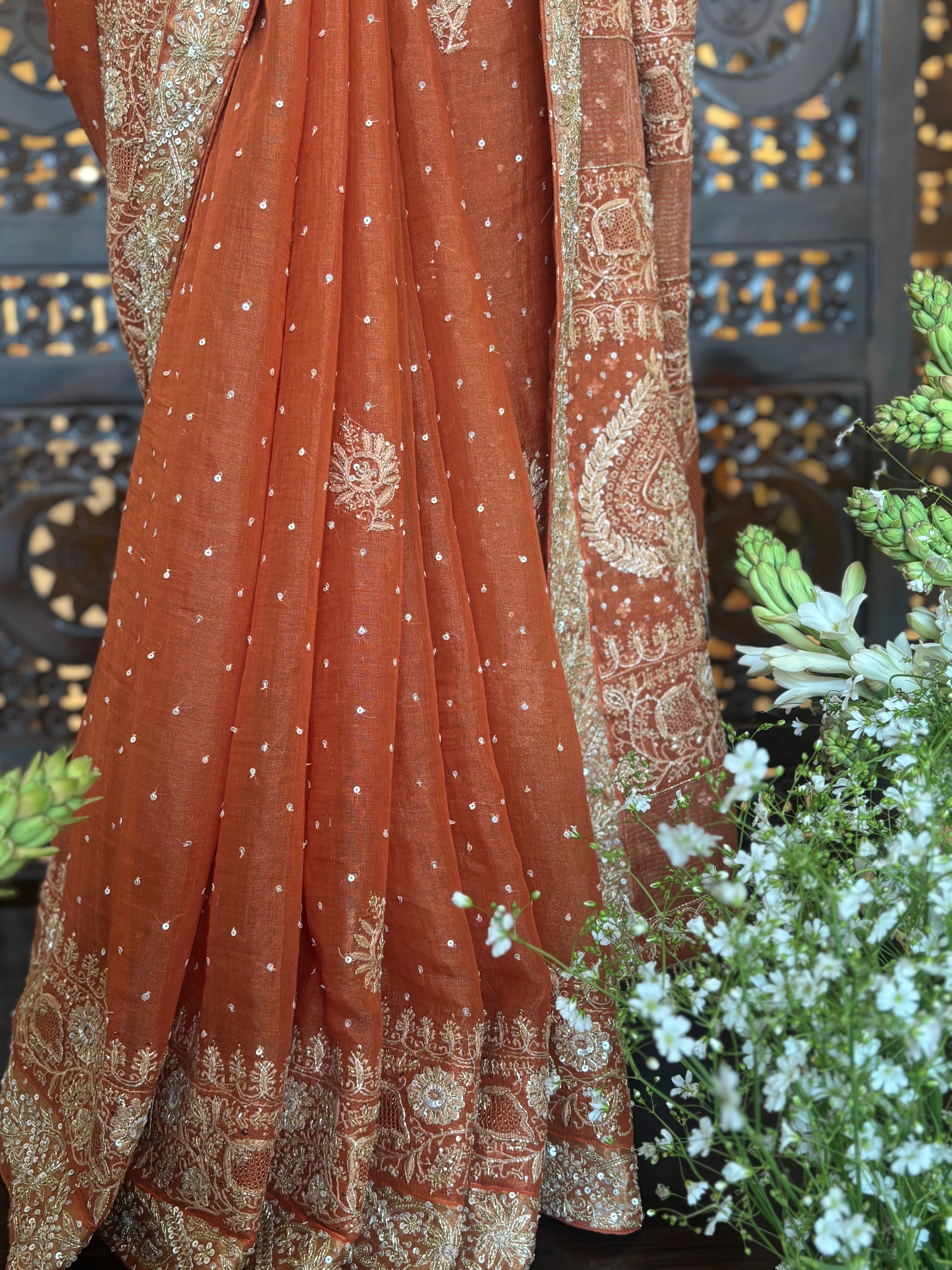 Burnt Orange Pure and Premium Tissue Chikankari Saree and Blouse - Pleats PleaseChikankari