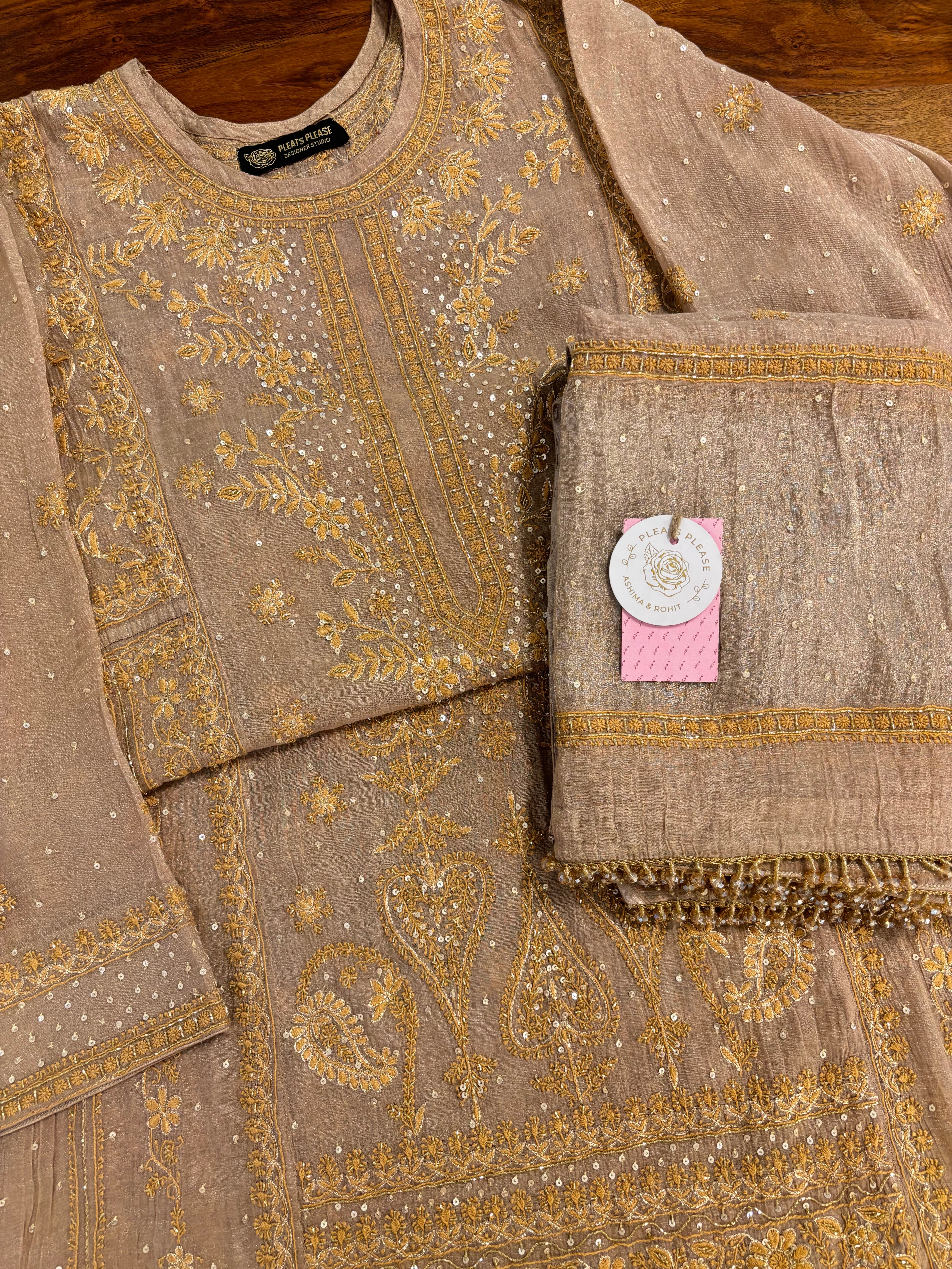 Rosewood Taupe Pure & Premium Tissue Chikankari A line Anarkali & Dupatta