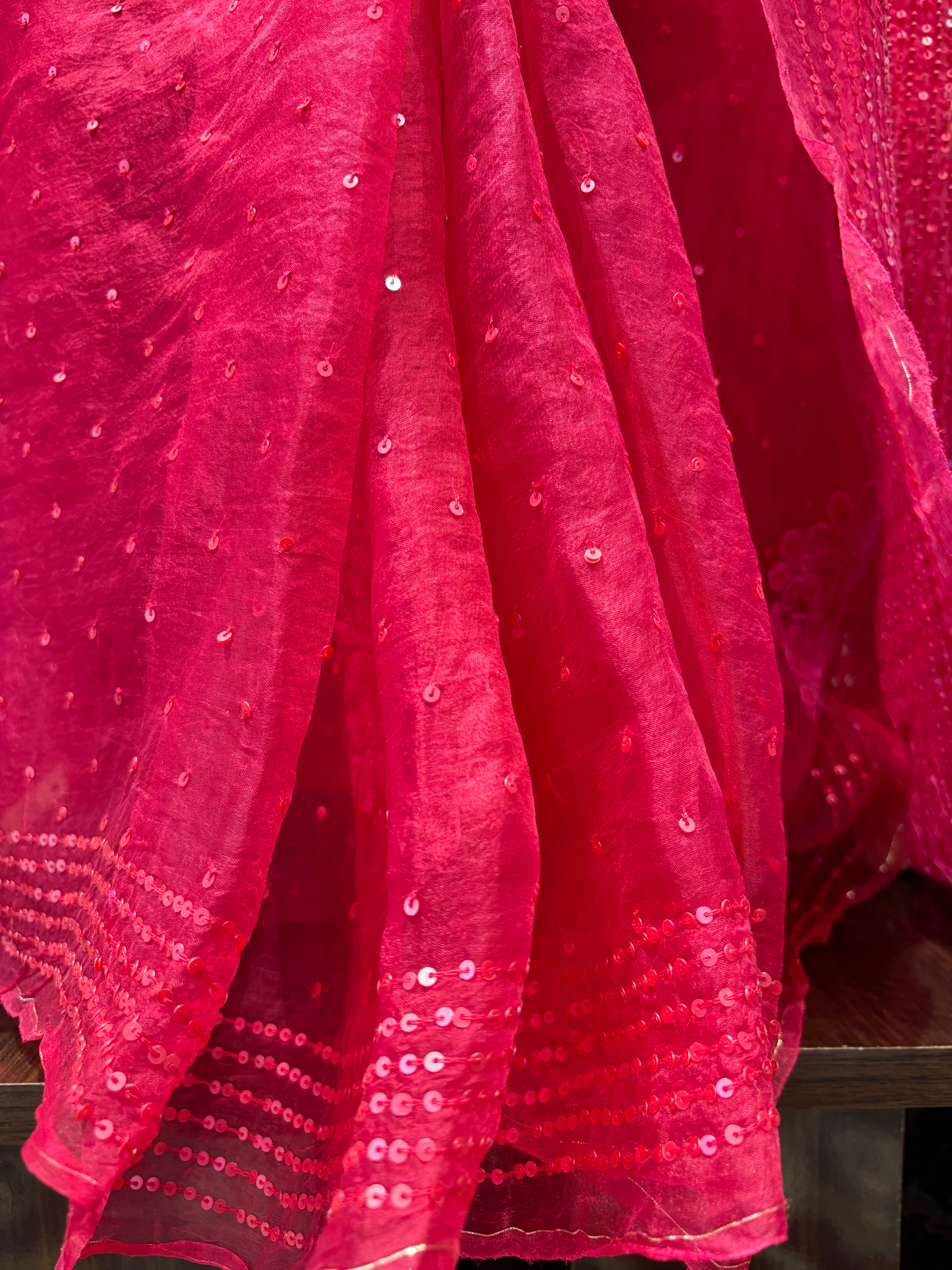Fuchsia Pink Pure Organza Chikankari Saree