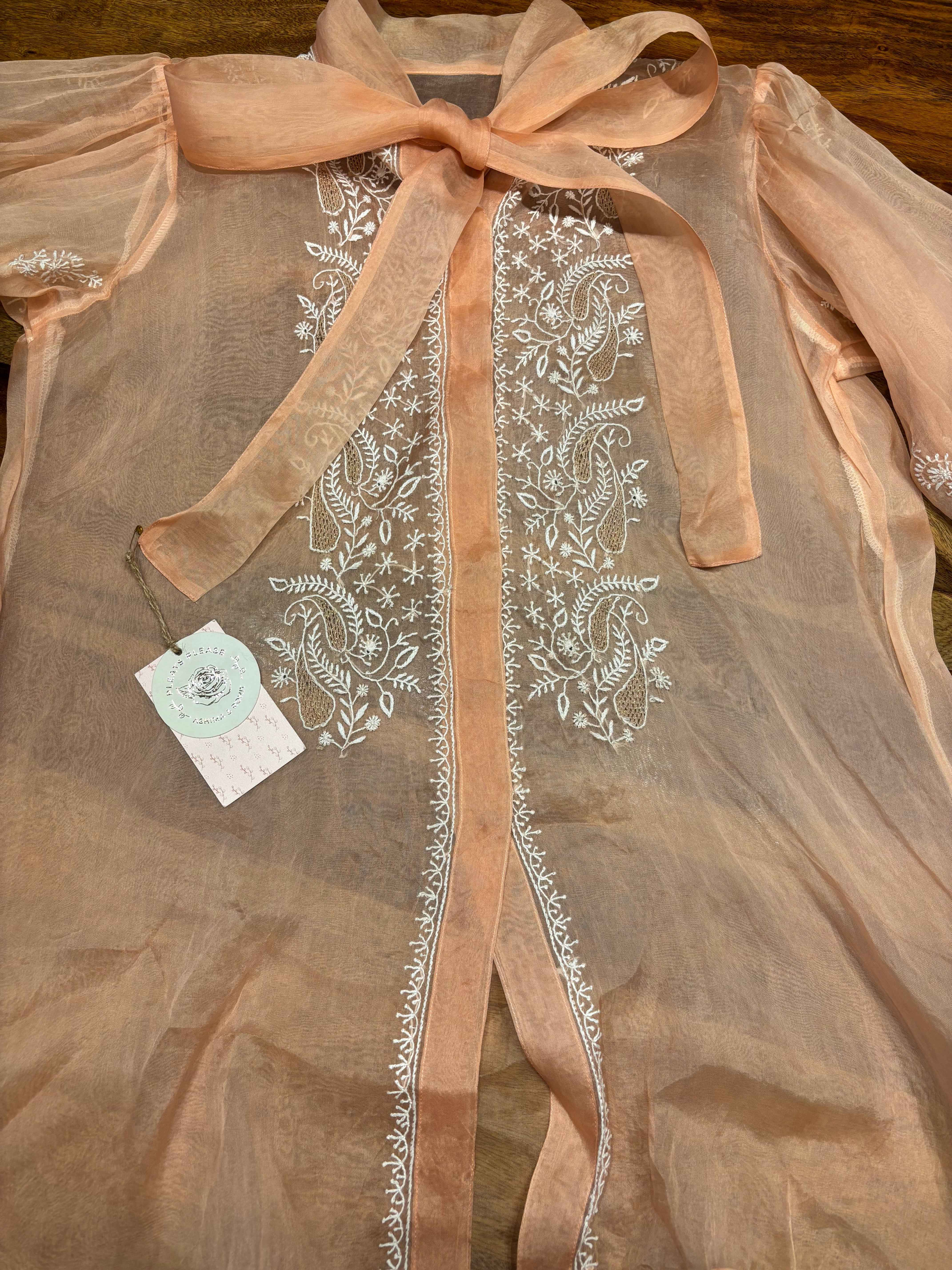 Peach Organza Silk Chikankari Shirt - Pleats PleaseChikankari