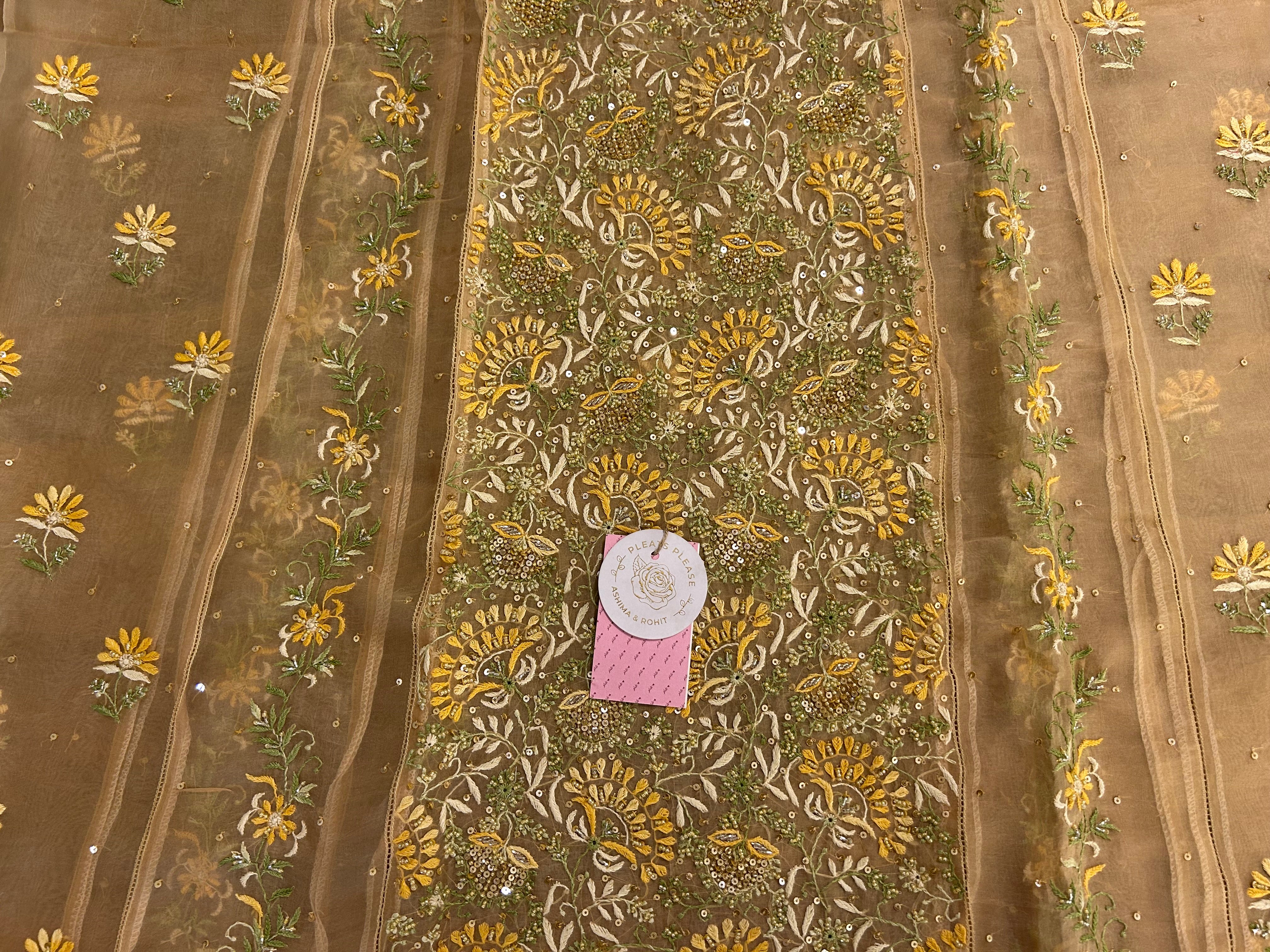 Golden Pure Organza Chikankari Kurta & Dupatta