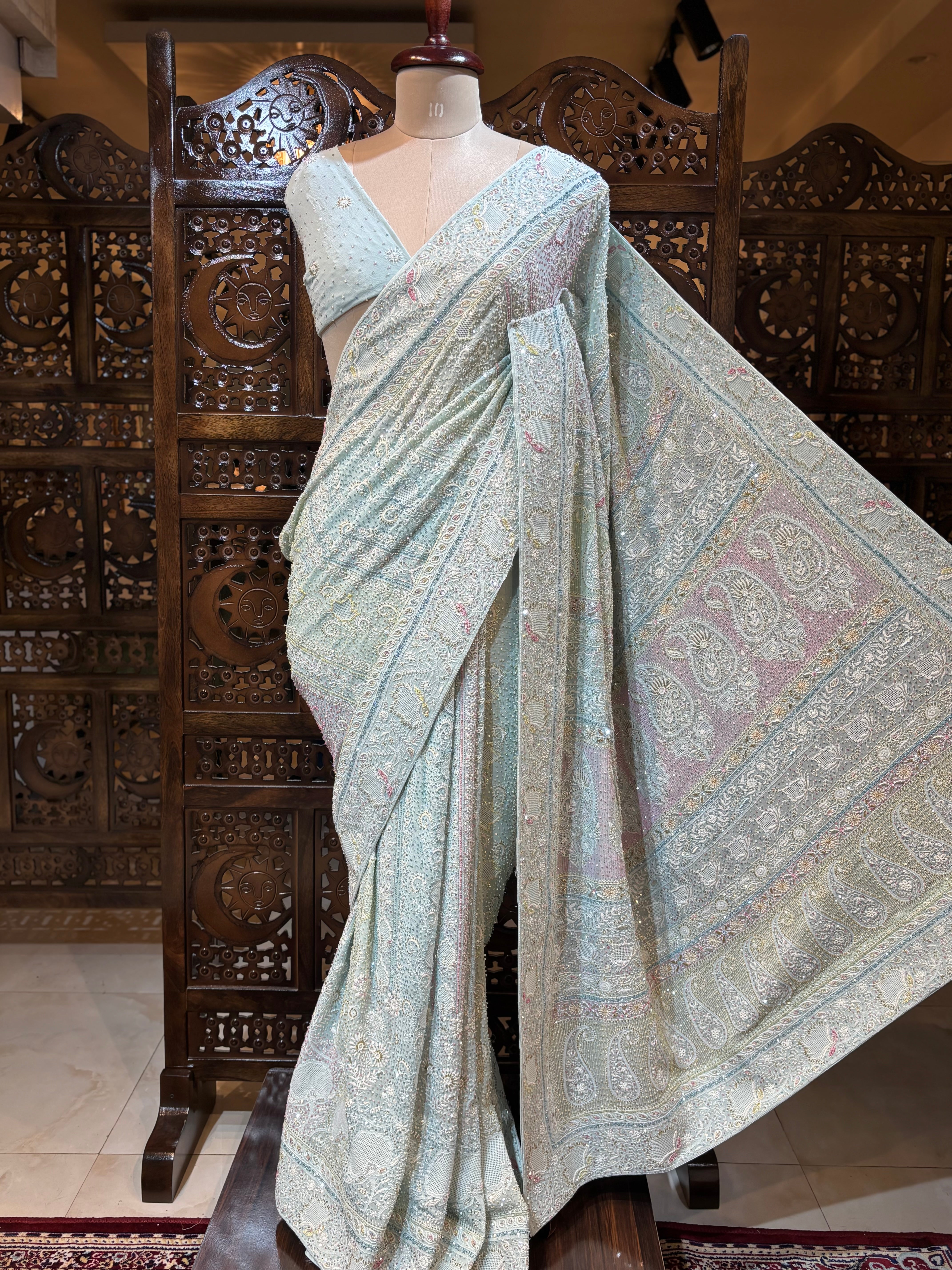 Aqua Blue Pure & Premium Georgette Chikankari Saree & Blouse - Pleats PleaseChikankari