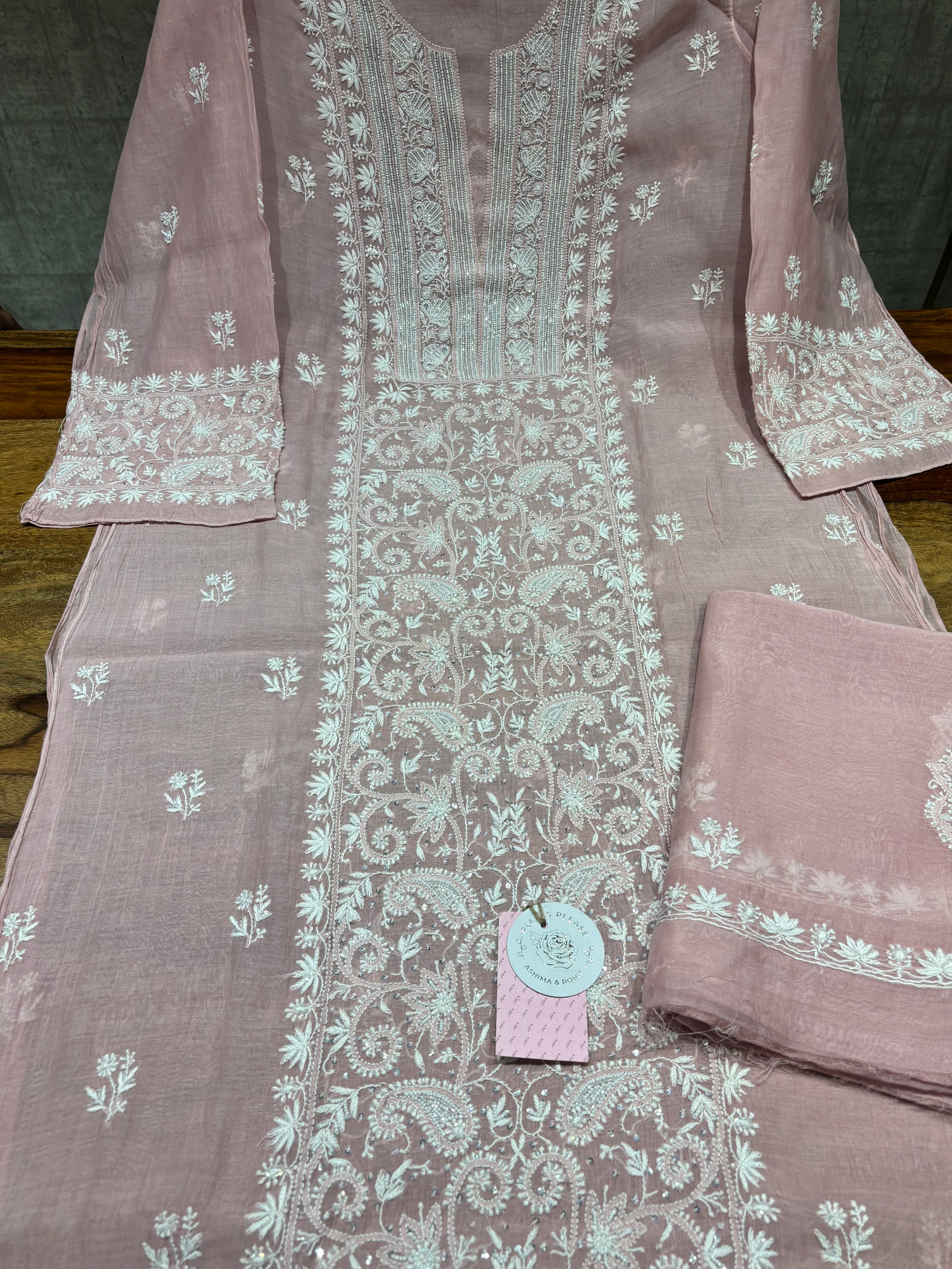 Oyster Pink Chanderi Mul Chikankari Kurta and Dupatta Set