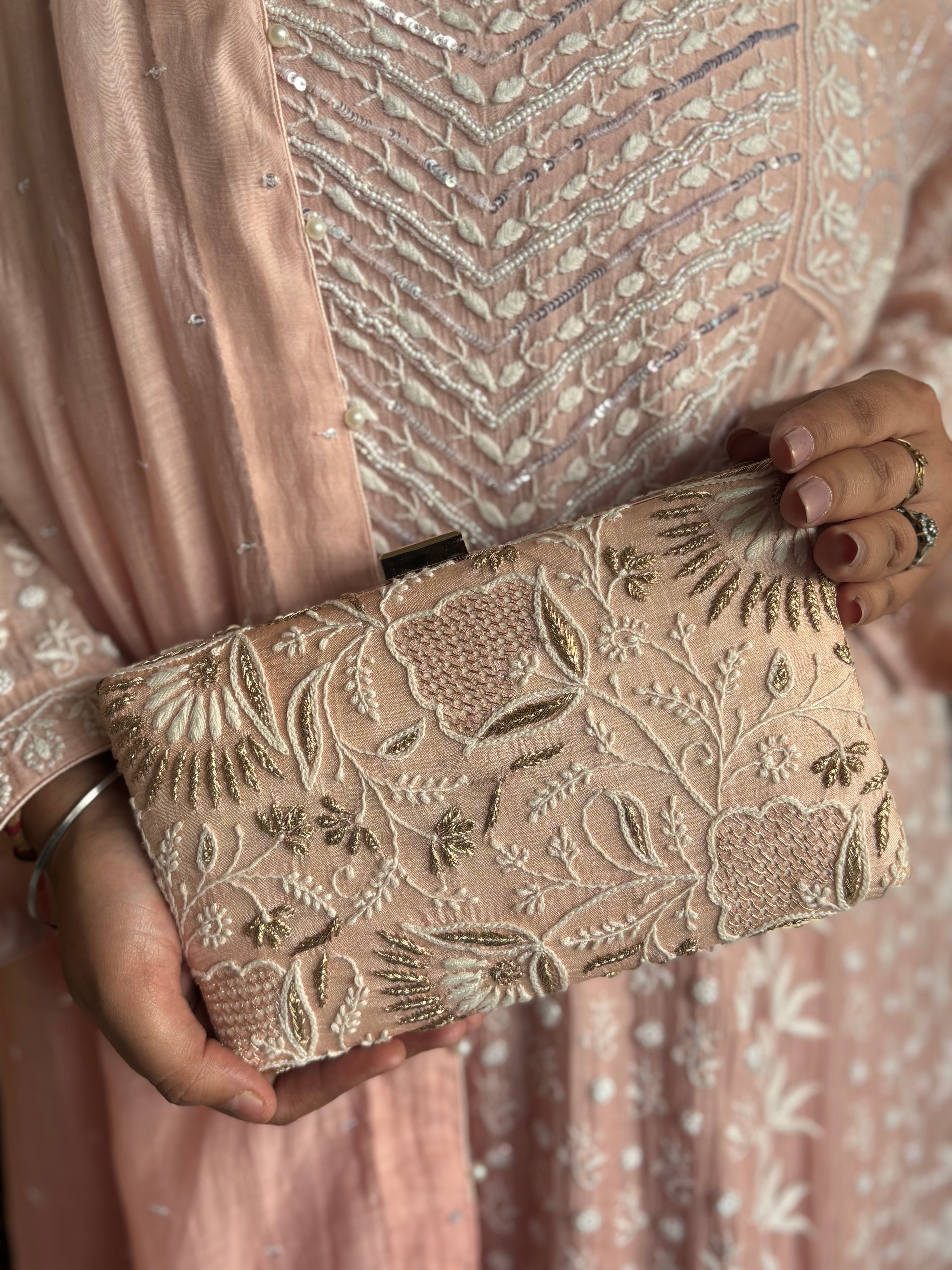 Peach Silk Chikankari Clutch