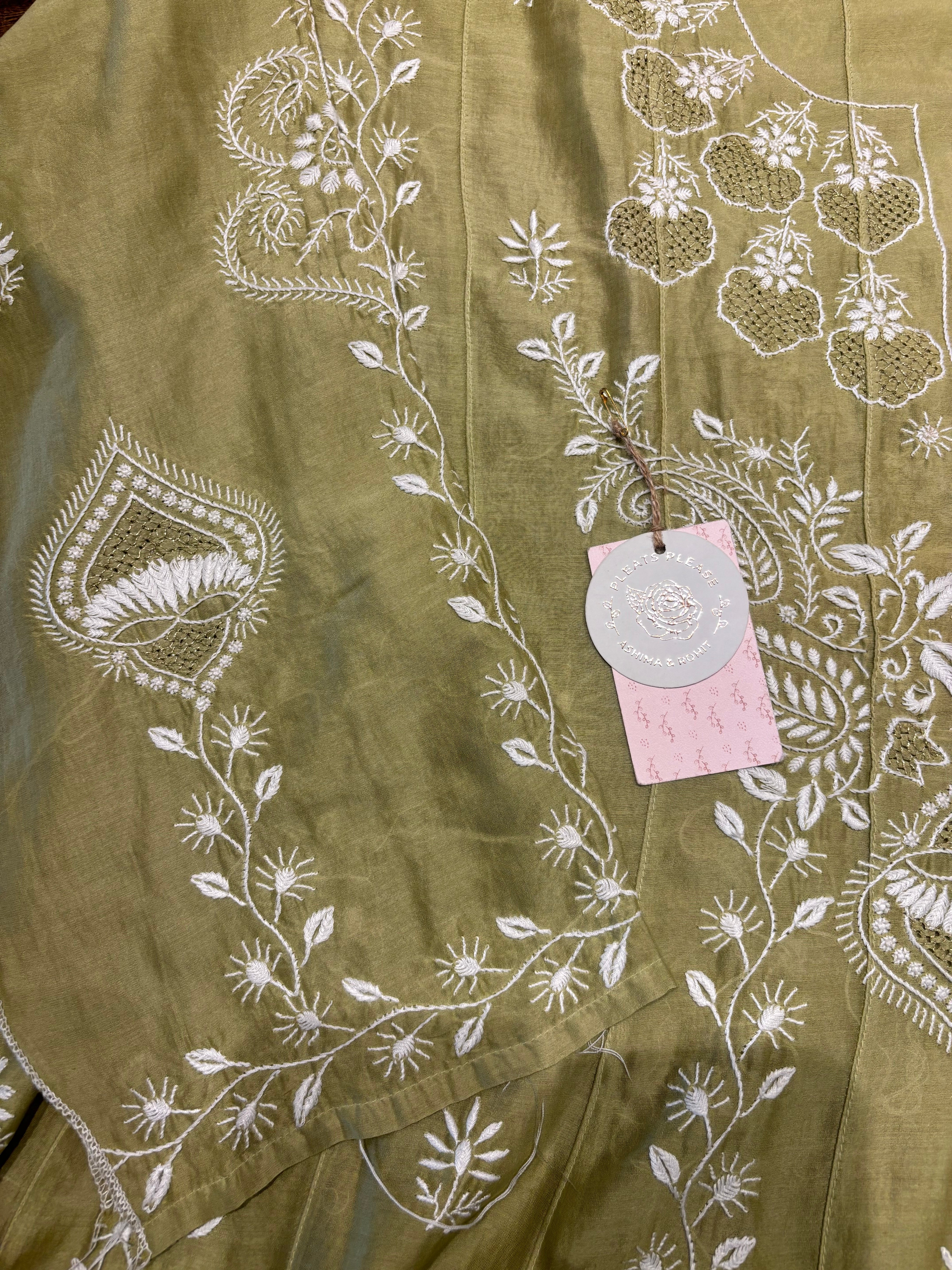 Pastel Olive Green Chanderi silk Chikankari Anarkali and Dupatta set