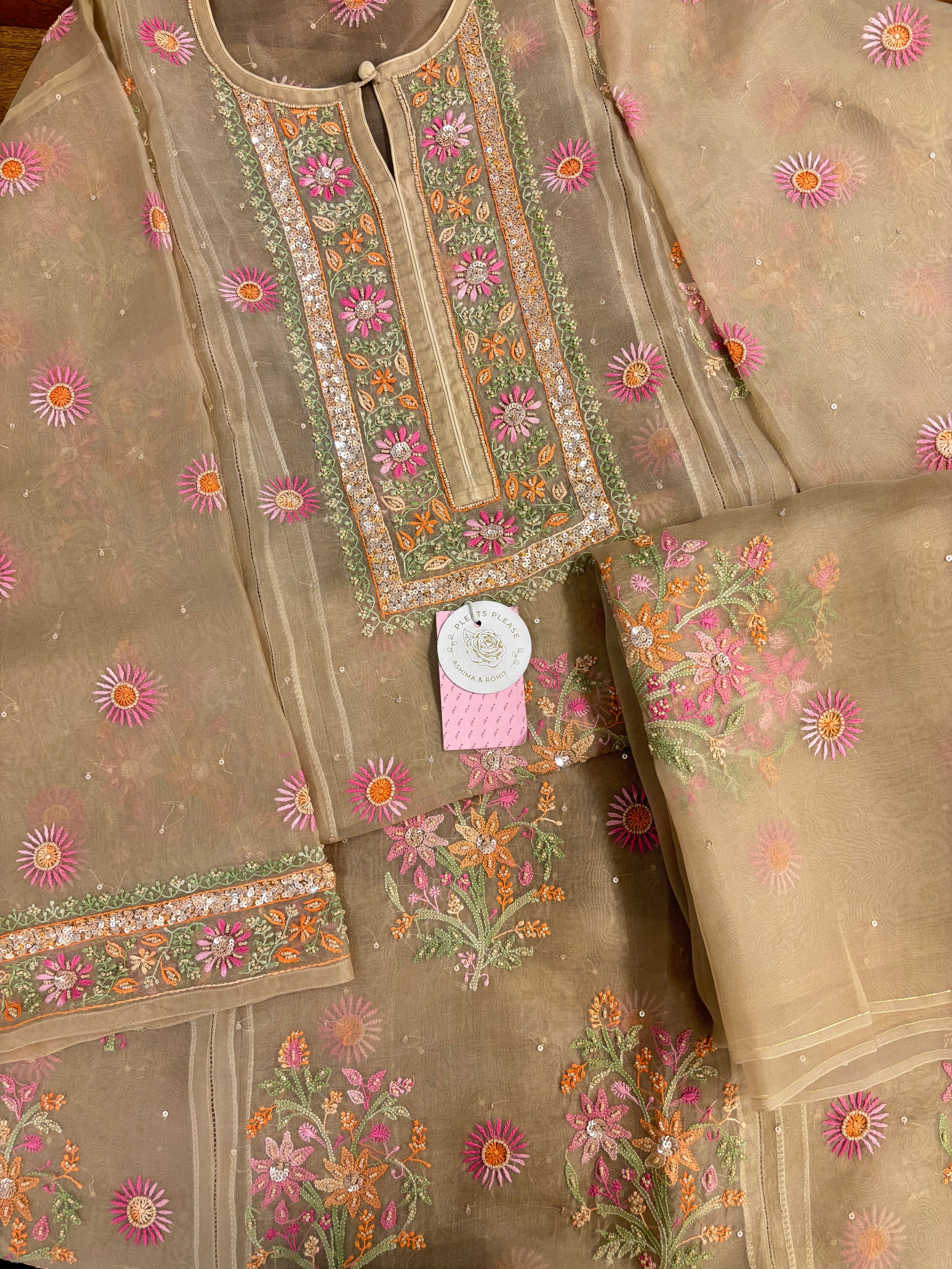Muddy Gold Pure Organza Silk Chikankari Kurta & Dupatta