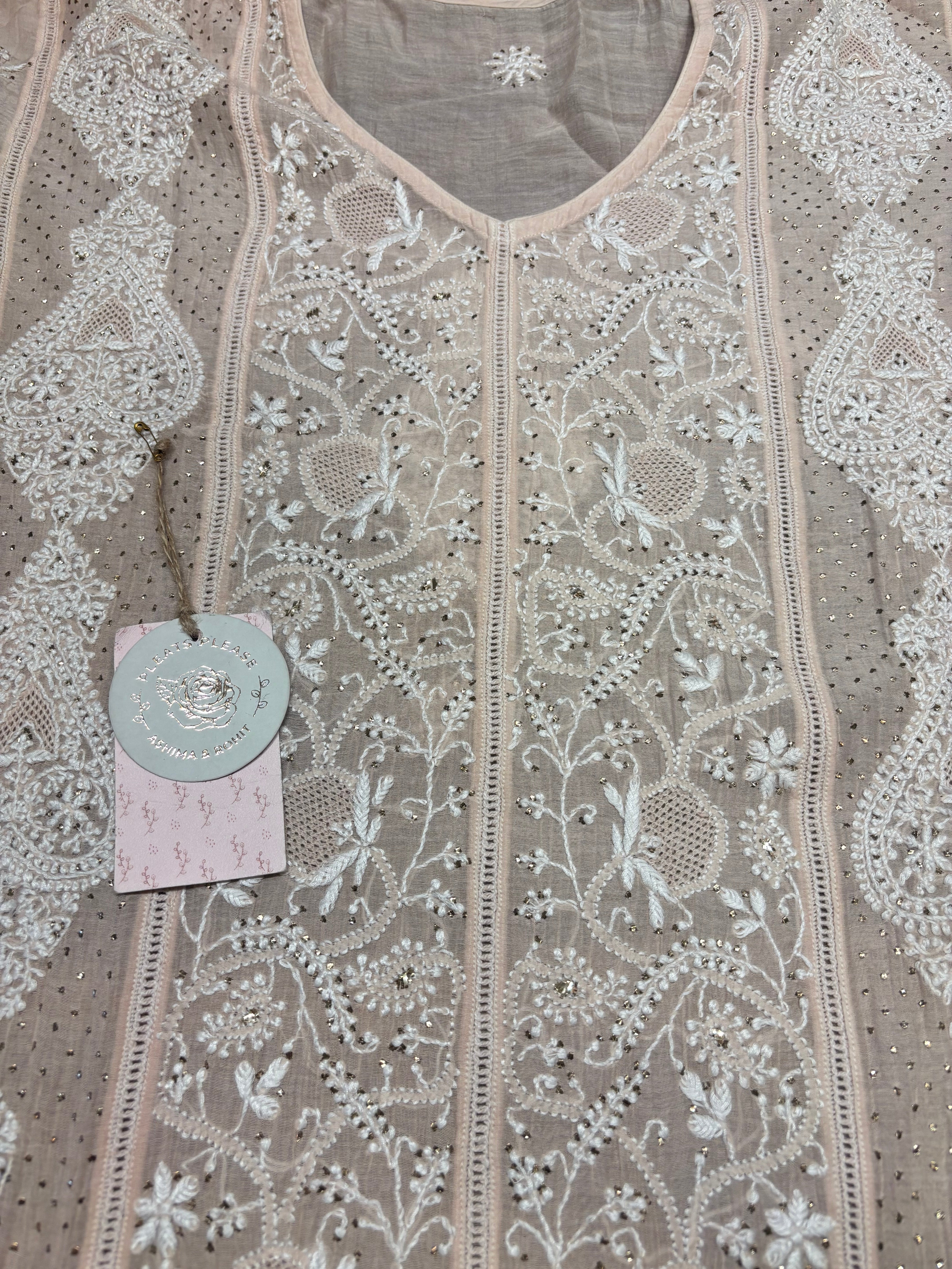 Peach Chanderi mul Chikankari Kurta and Dupatta