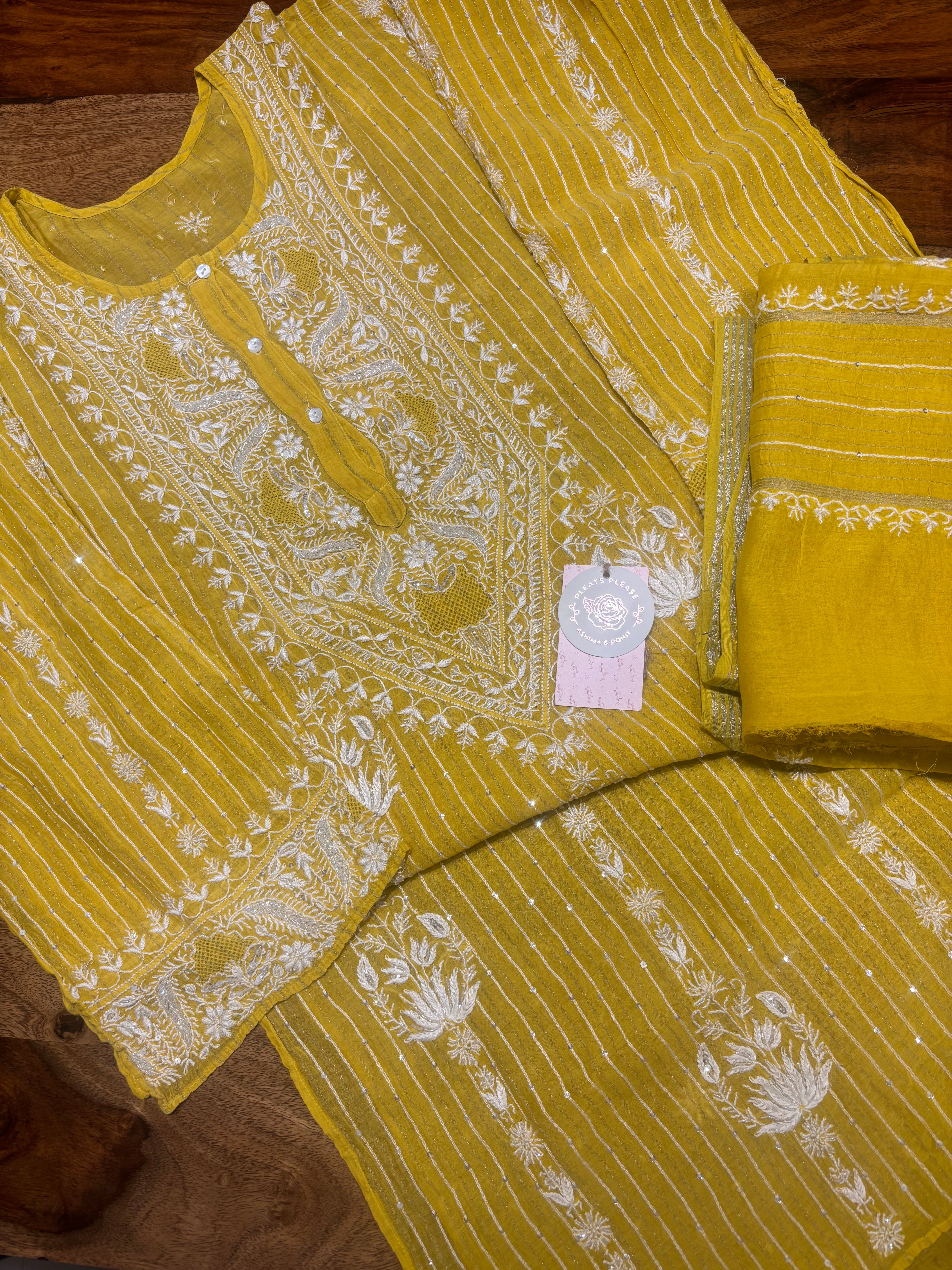 Mustard Chanderi Mul Chikankari Kurta & Dupatta Set