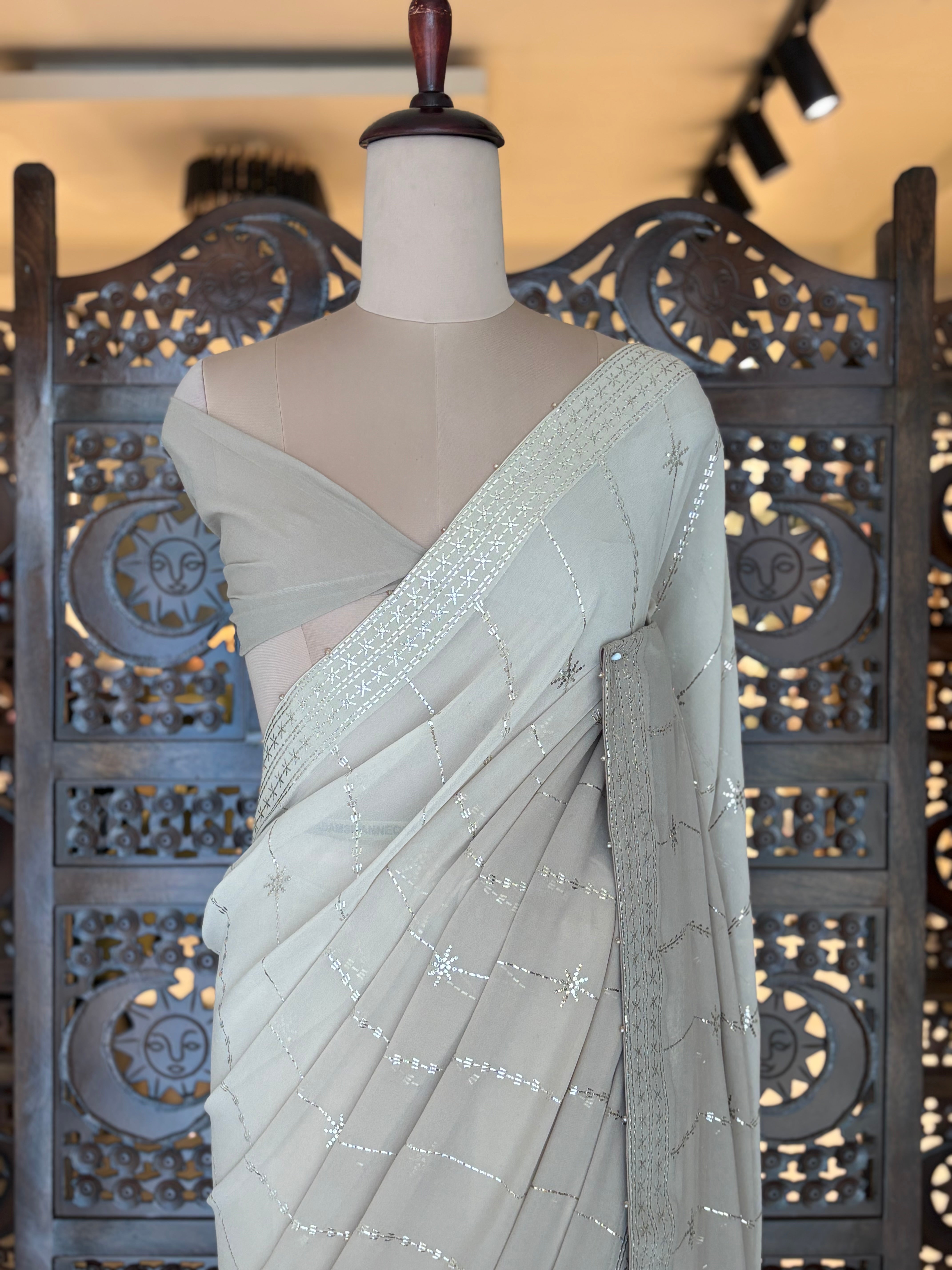 Hazelnut Brown Pure and Premium Georgette Mukaish Saree and Blouse - Pleats PleaseChikankari