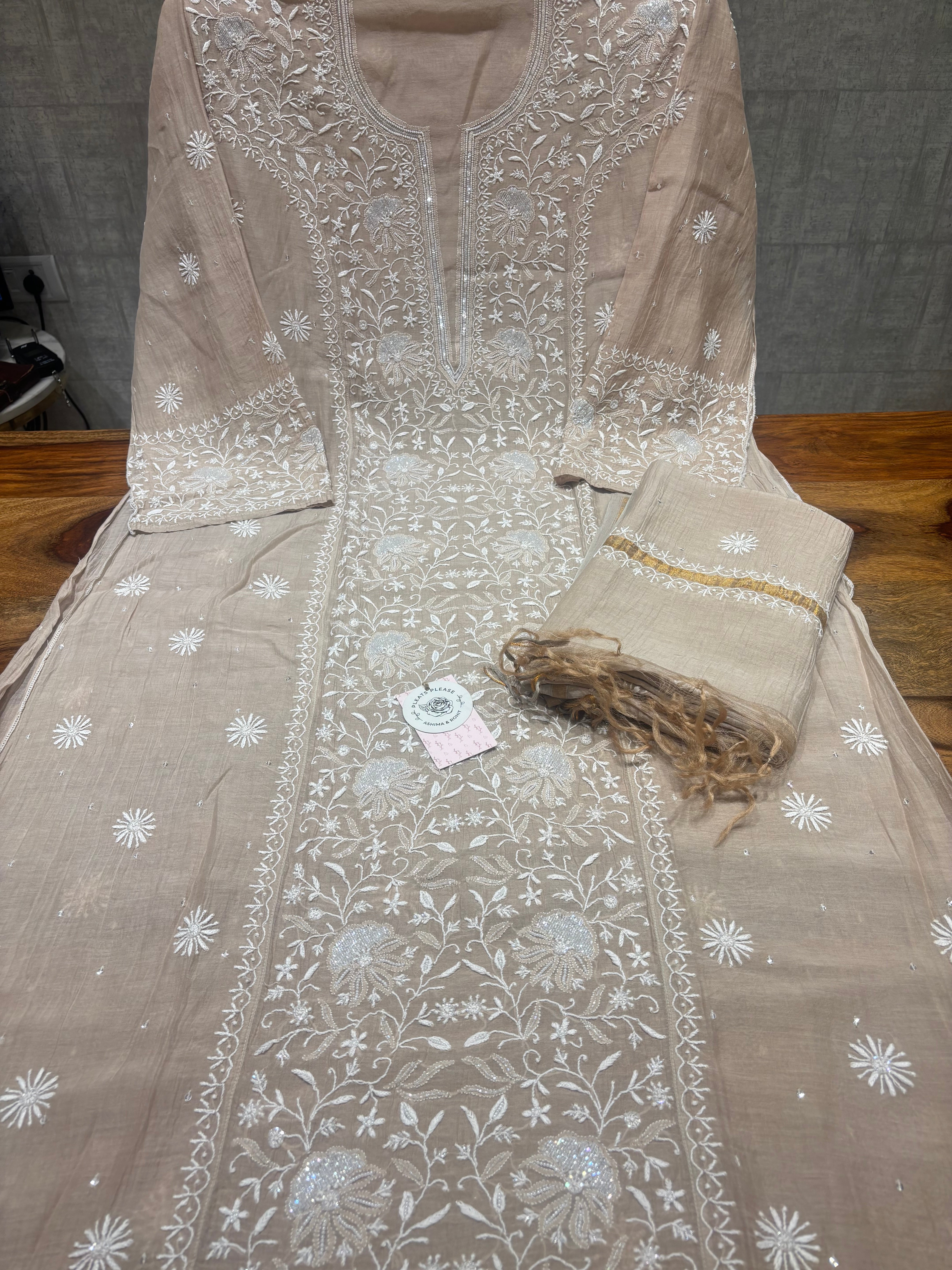 Sand Dune Chanderi Mul Chikankari Kurta & Dupatta Set