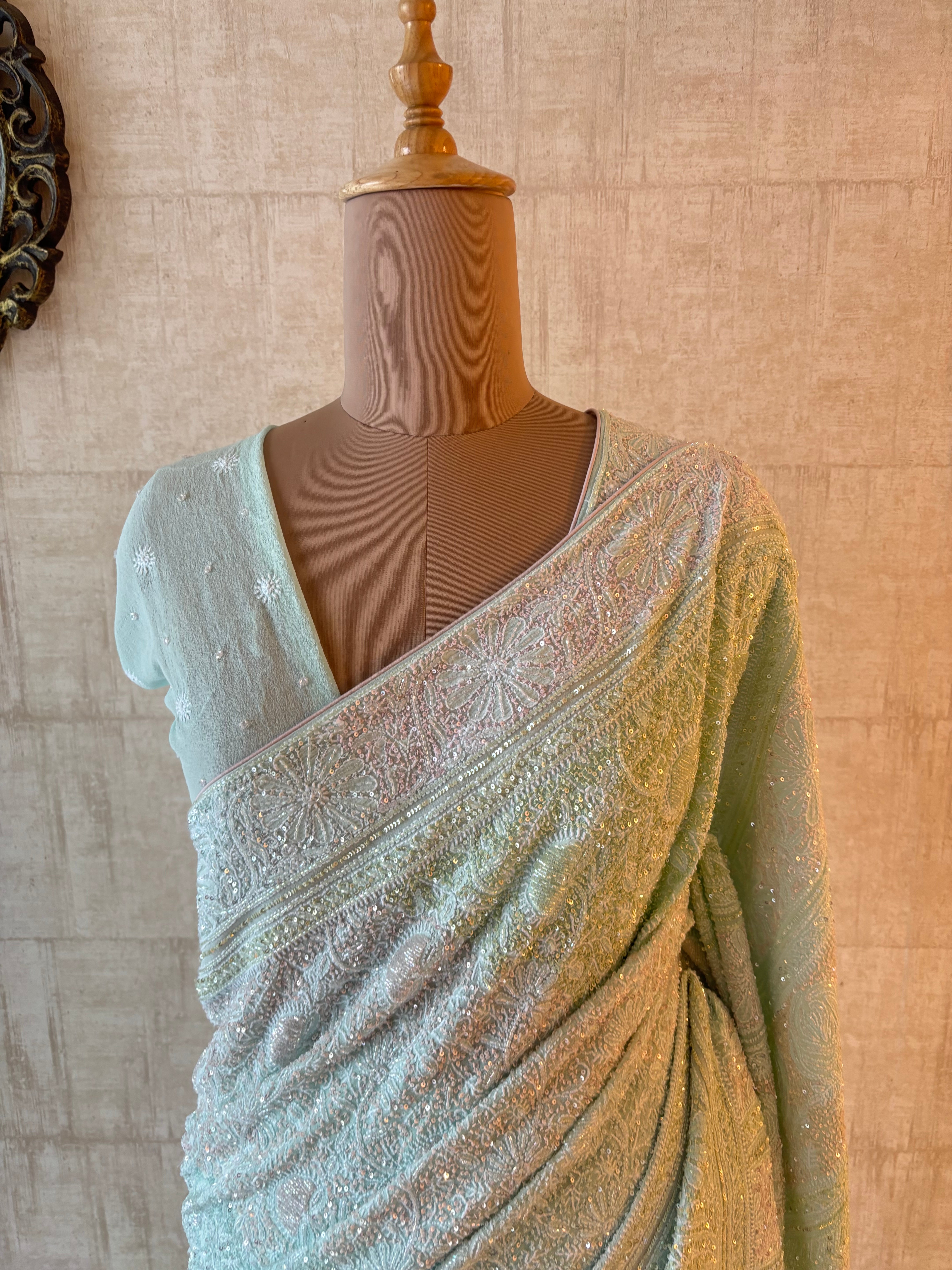 Aqua Blue Pure & Premium Georgette Chikankari Saree & Blouse