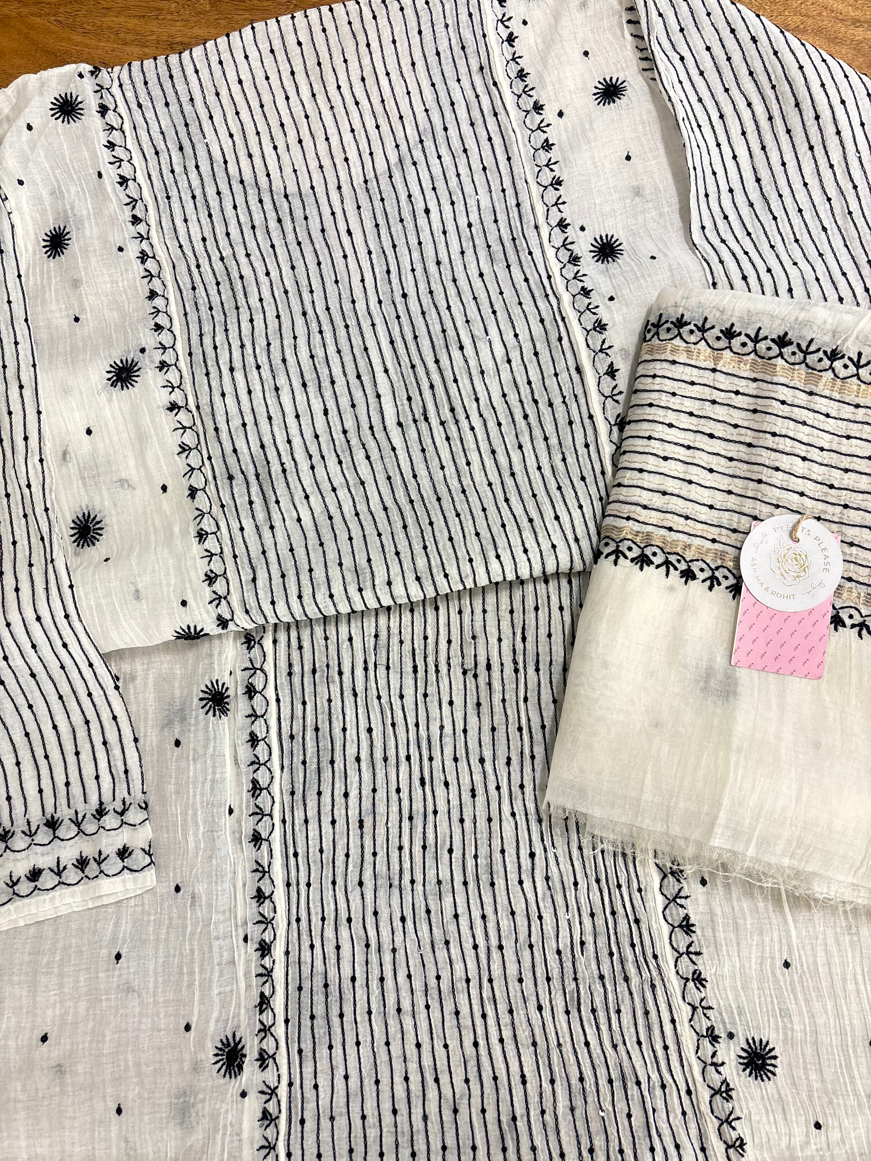 Dyeable Black & White Chanderi Chikankari Kurta & Dupatta