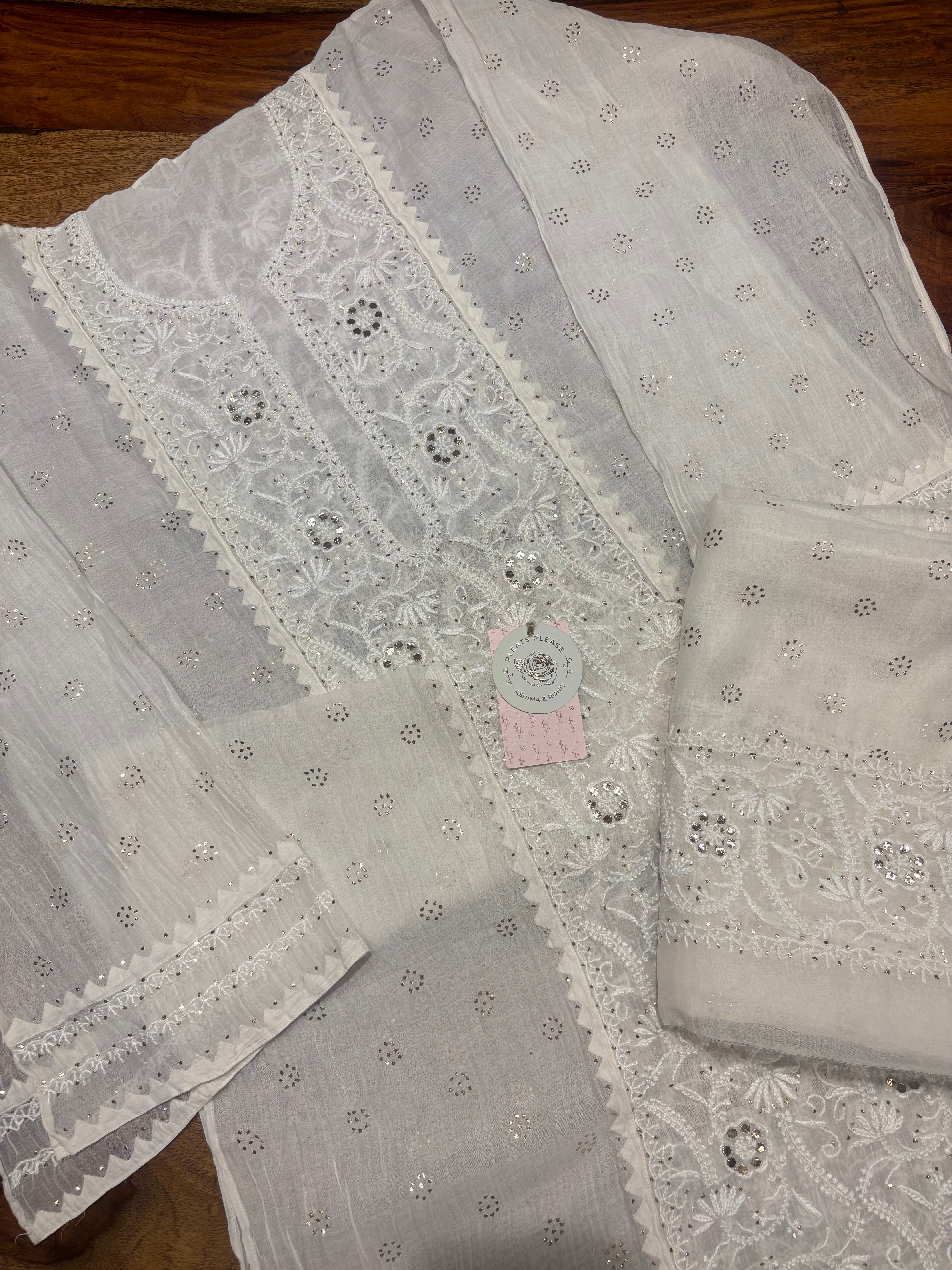 Dyeable Chanderi Mul Chikankari & Mukaish Kurta & Dupatta Set