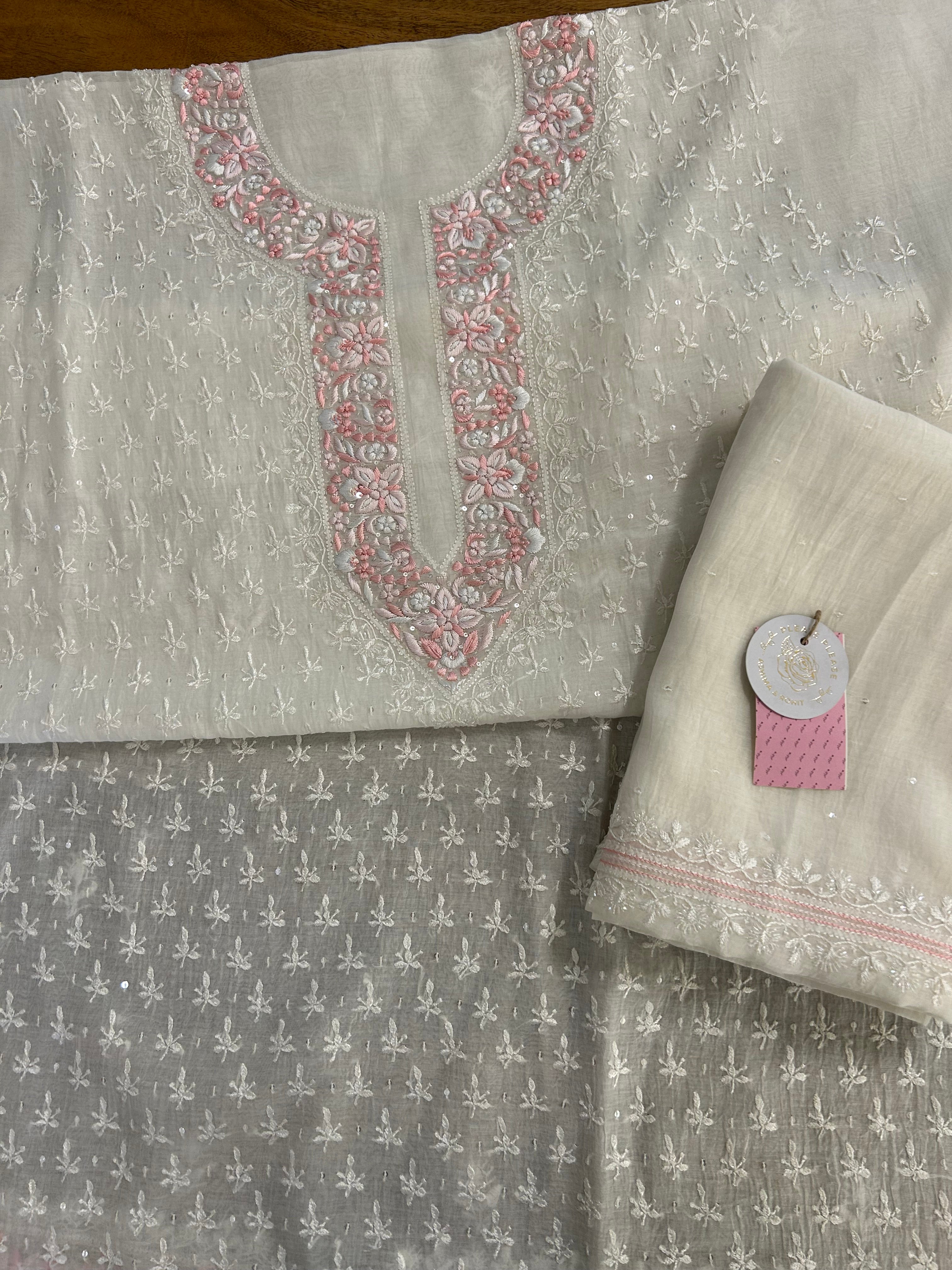 Dyeable Chanderi Parsi Gara Chikankari Kurta & Dupatta