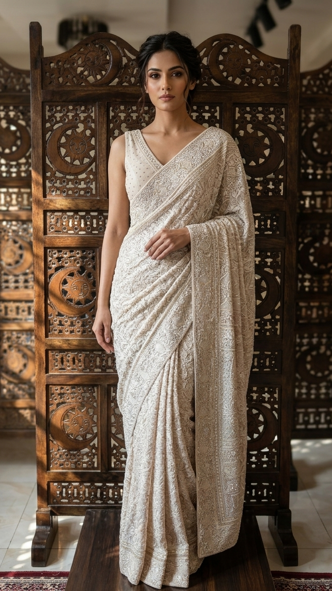 Coffee Cream Pure Georgette Chikankari Saree and Blouse