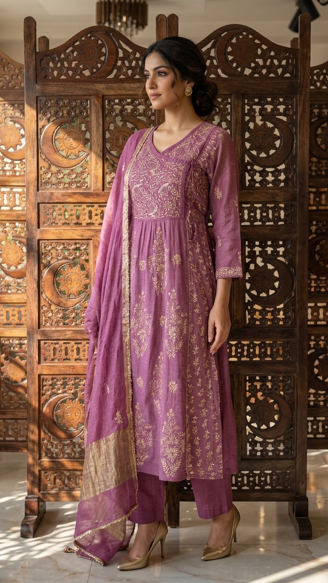 Purple Pure & Premium Tissue Chikankari Angrakha Kurta and Dupatta set