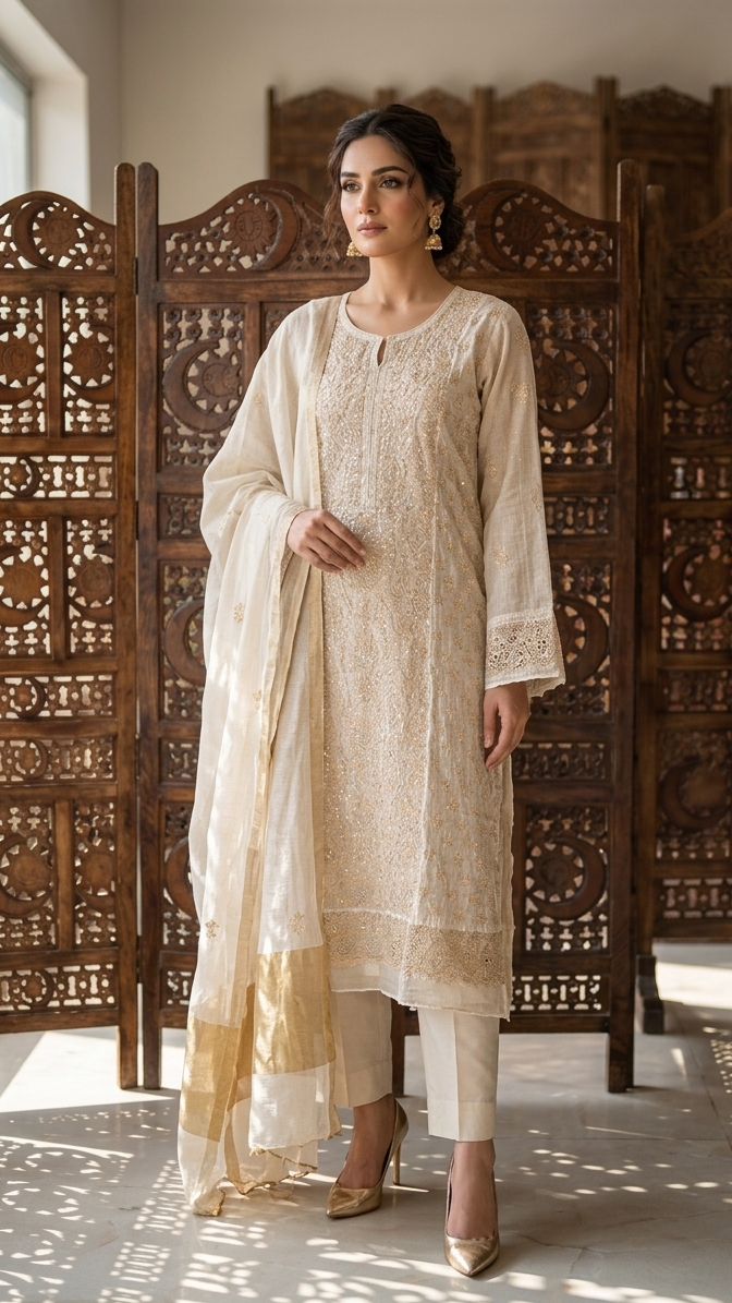 Dyeable Pure & Premium Tissue Chikankari & Mukaish Kurta & Dupatta
