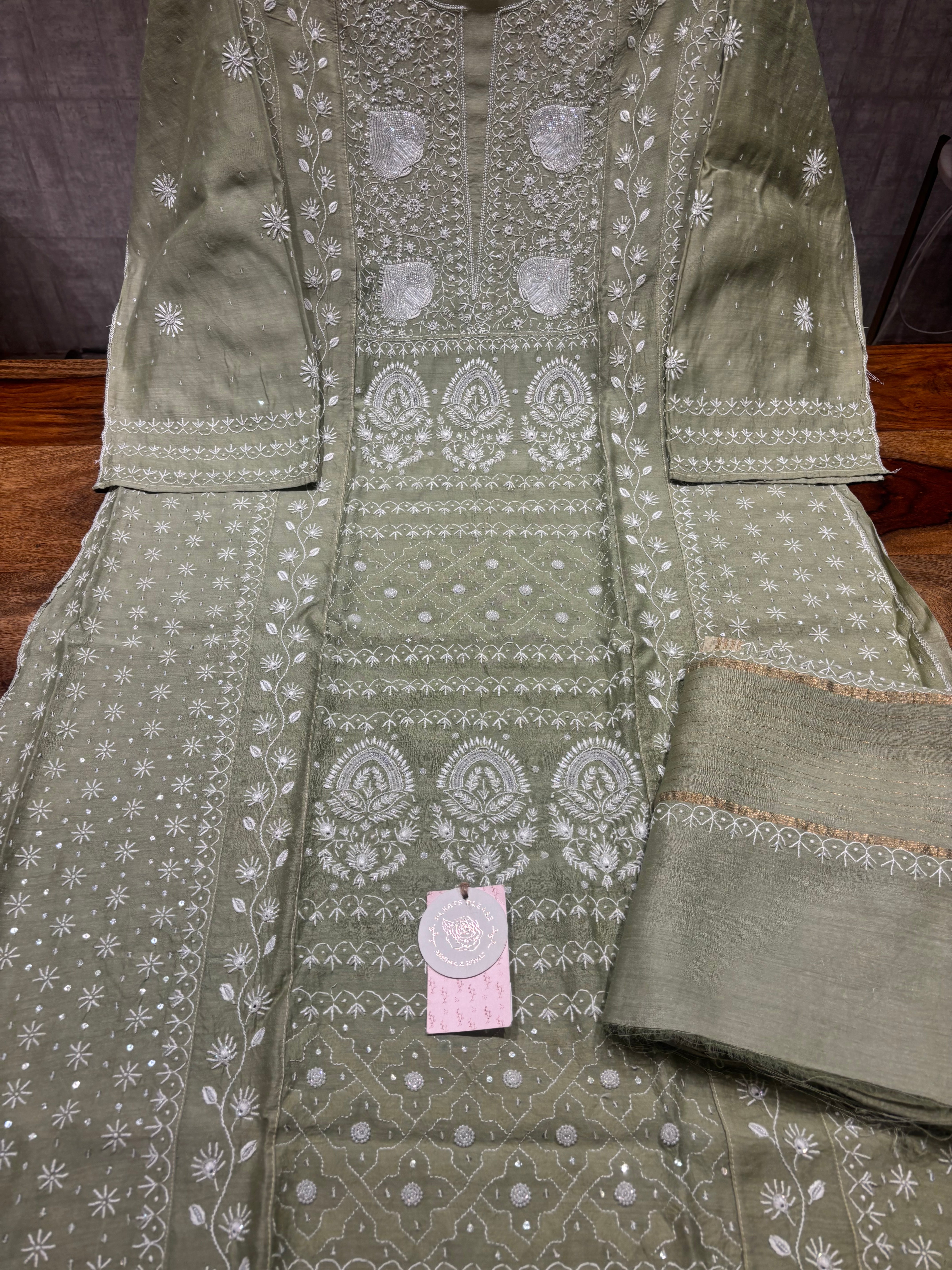 Mossy Green Pure and Premium Monga Silk Chikankari Kurta and Dupatta Set