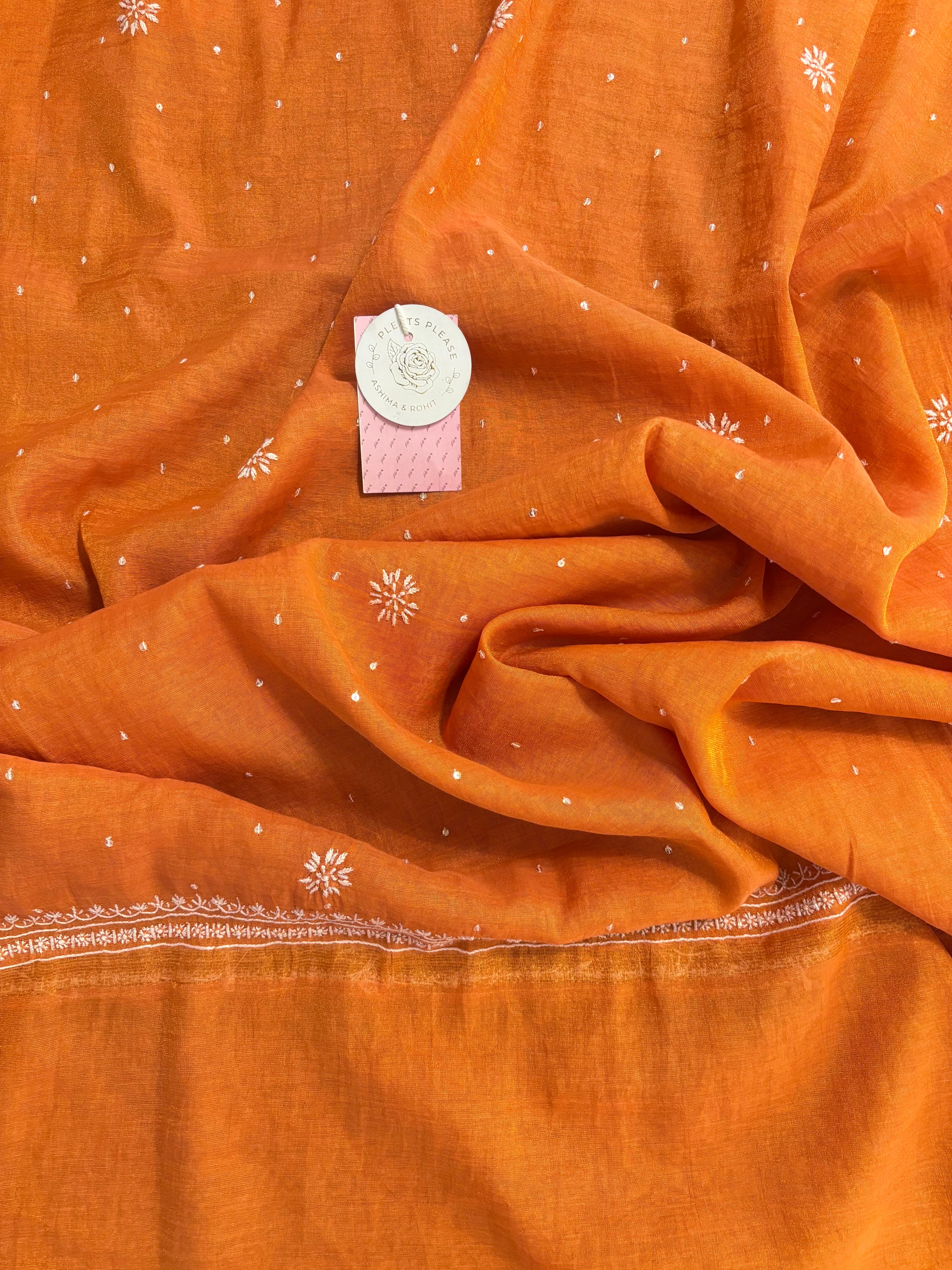 Burnt Orange Pure Tissue Chanderi Banarasi Silk Chikankari Kurta & Dupatta - Pleats PleaseChikankari