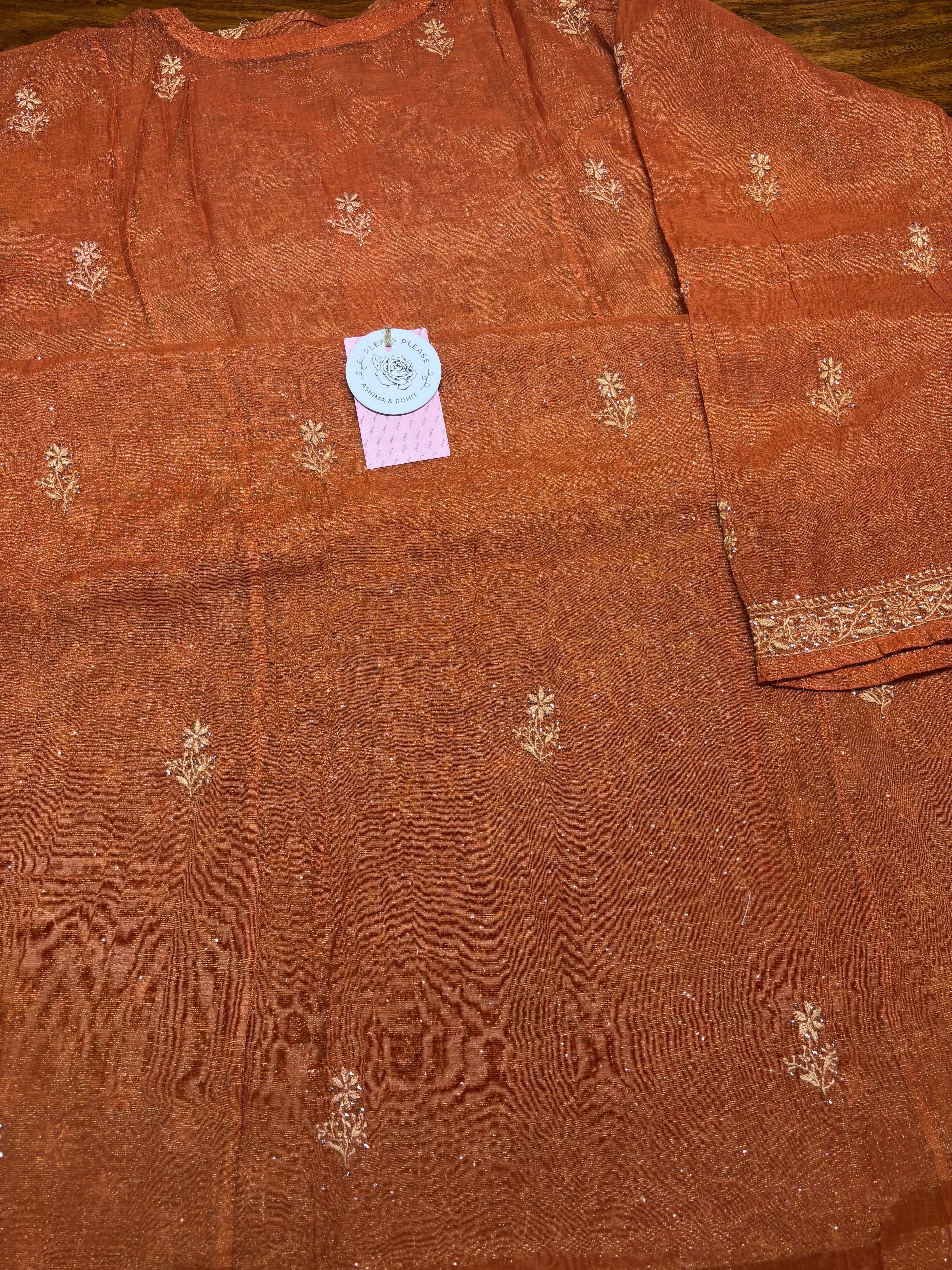 Burnt Orange Pure & Premium Tissue Chikankari & Mukaish Kurta & Dupatta Set