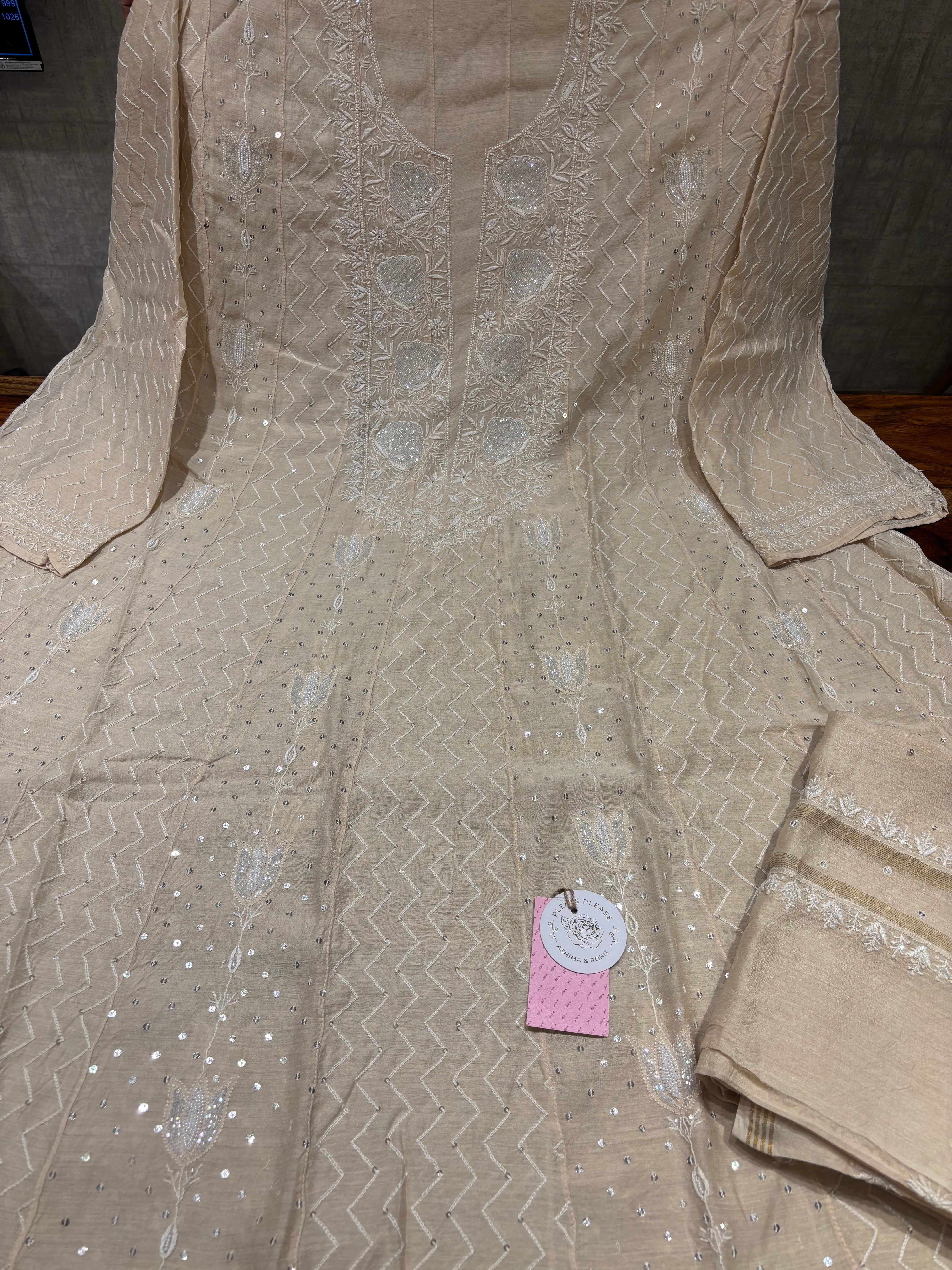 Dyeable Monga Silk Chikankari Anarkali and Dupatta Set