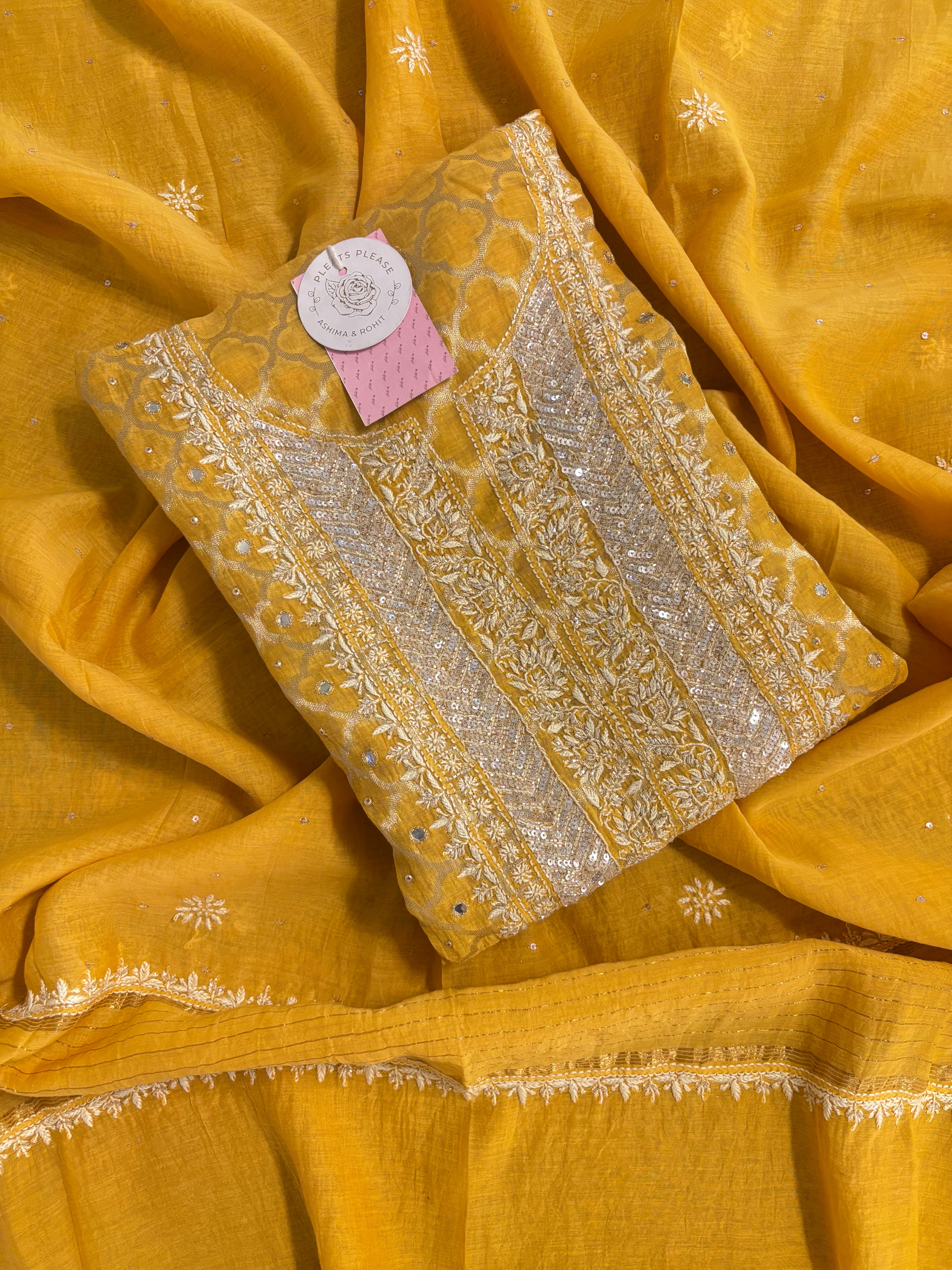 Mustard Yellow Chanderi Silk Chikankari Kurta & Dupatta