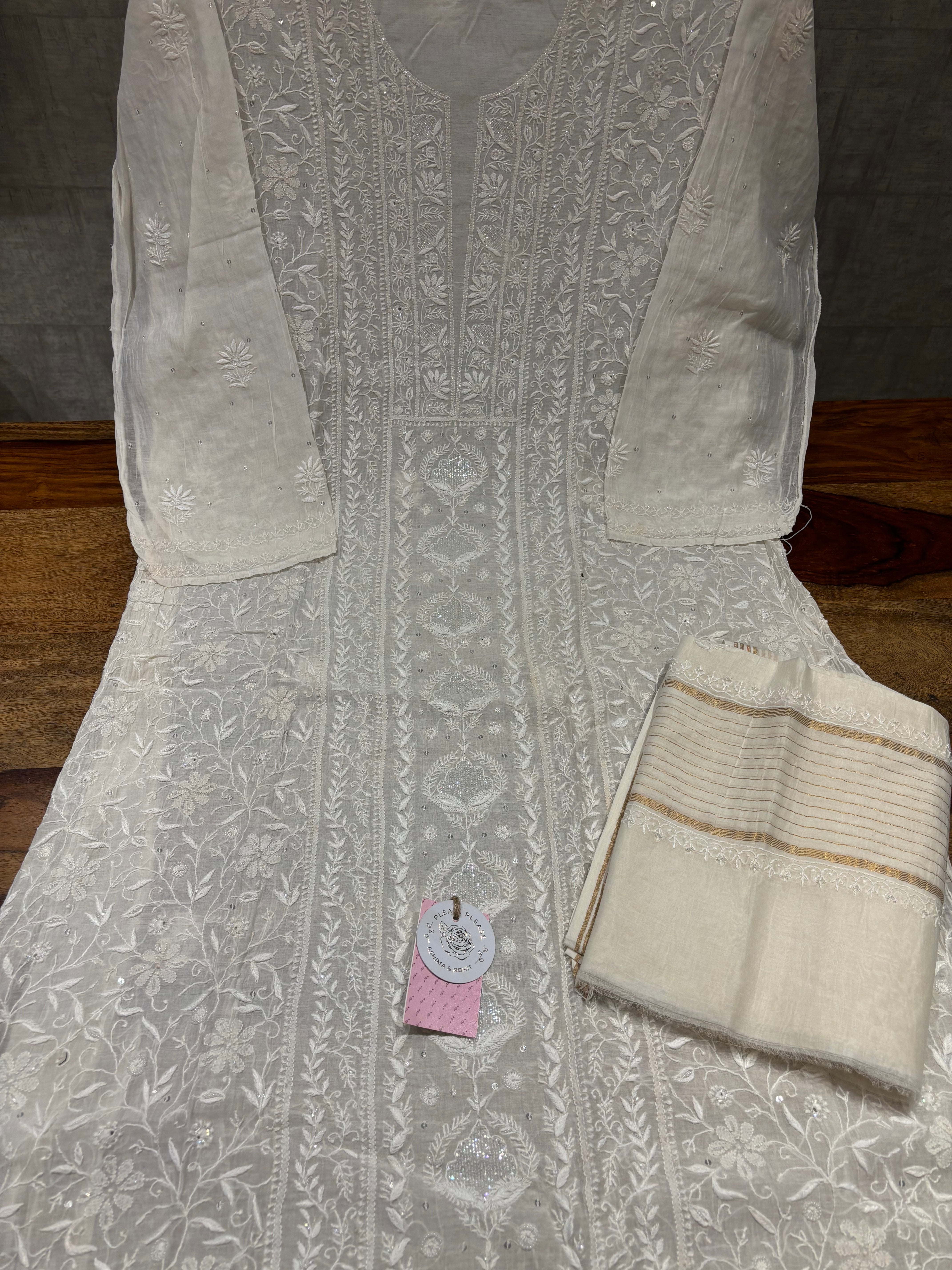 Dyeable Chanderi Mul Chikankari Kurta and Dupatta Set