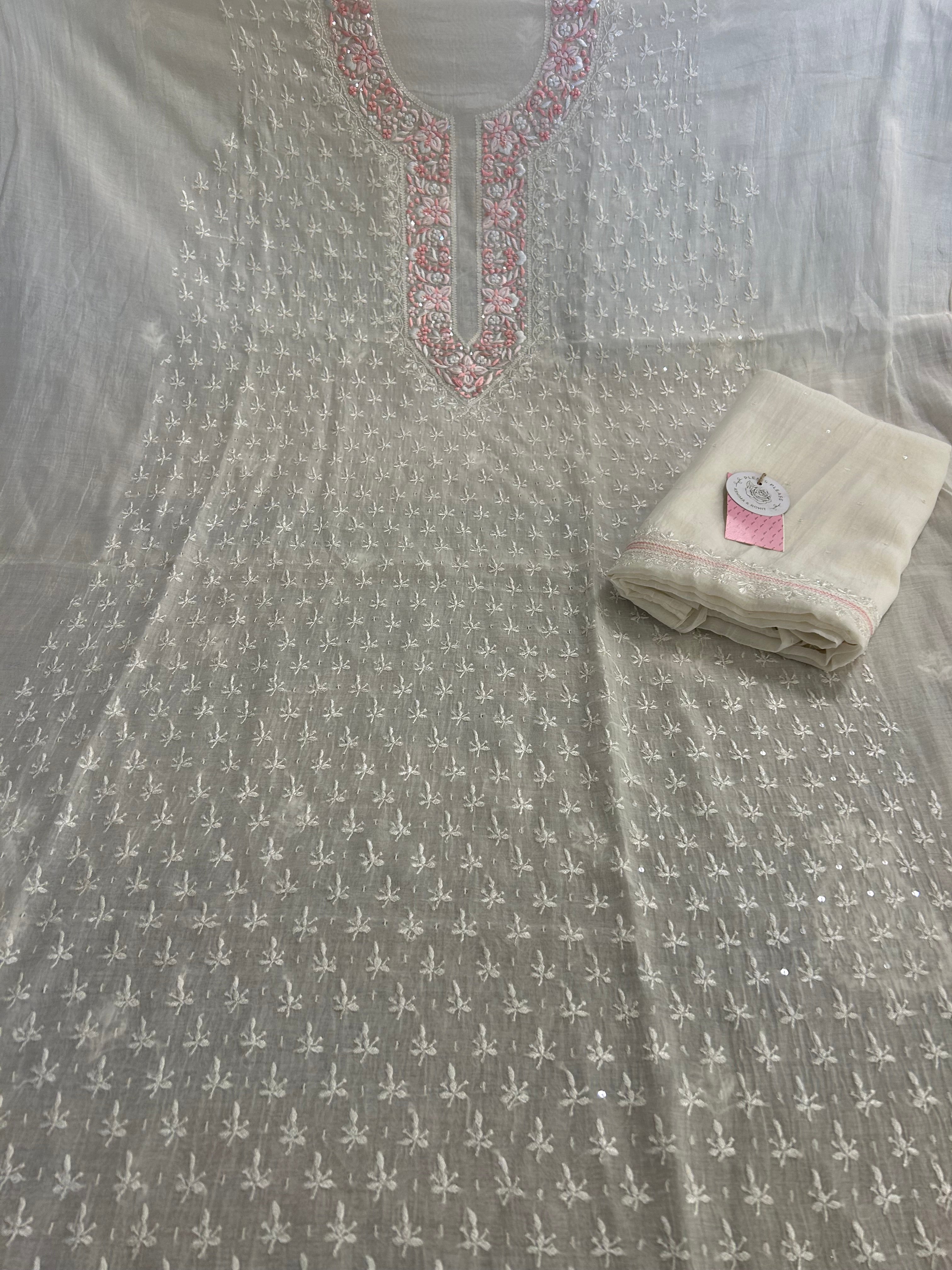 Dyeable Chanderi Parsi Gara Chikankari Kurta & Dupatta