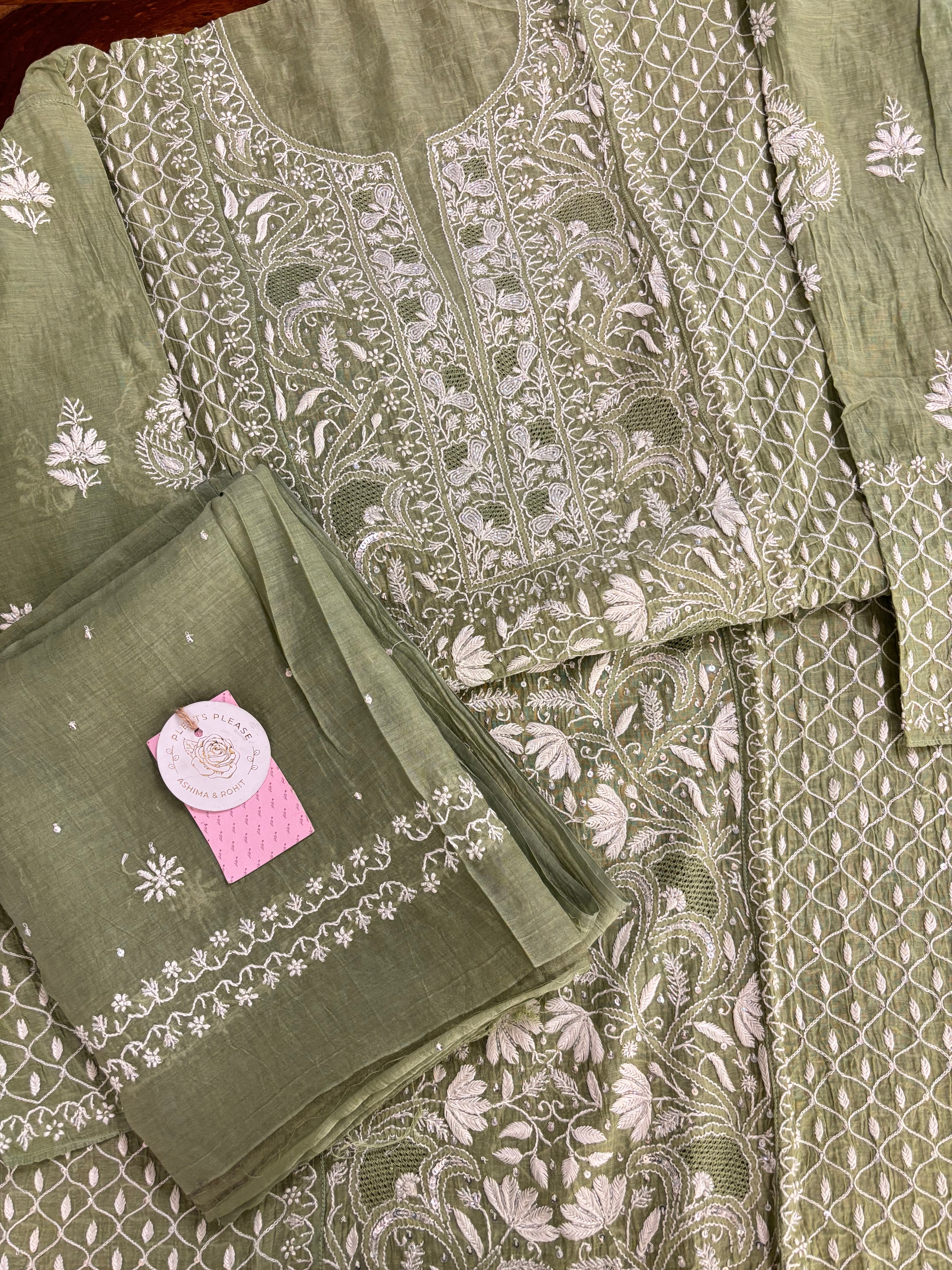 Green Chanderi Chikankari Kurta & Dupatta