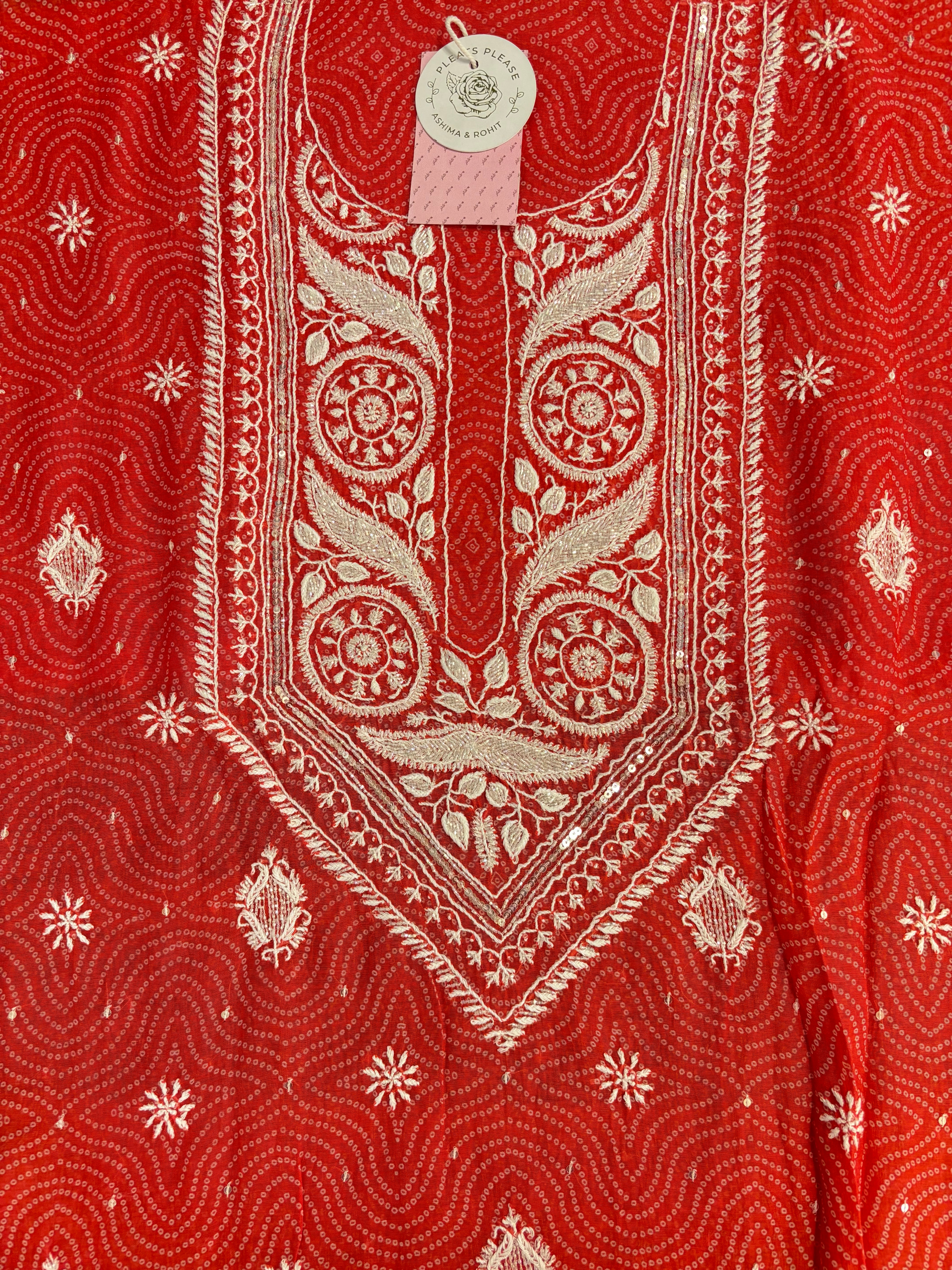 Coral Peach Chanderi Mul Bandhej Chikankari Kurta & Dupatta