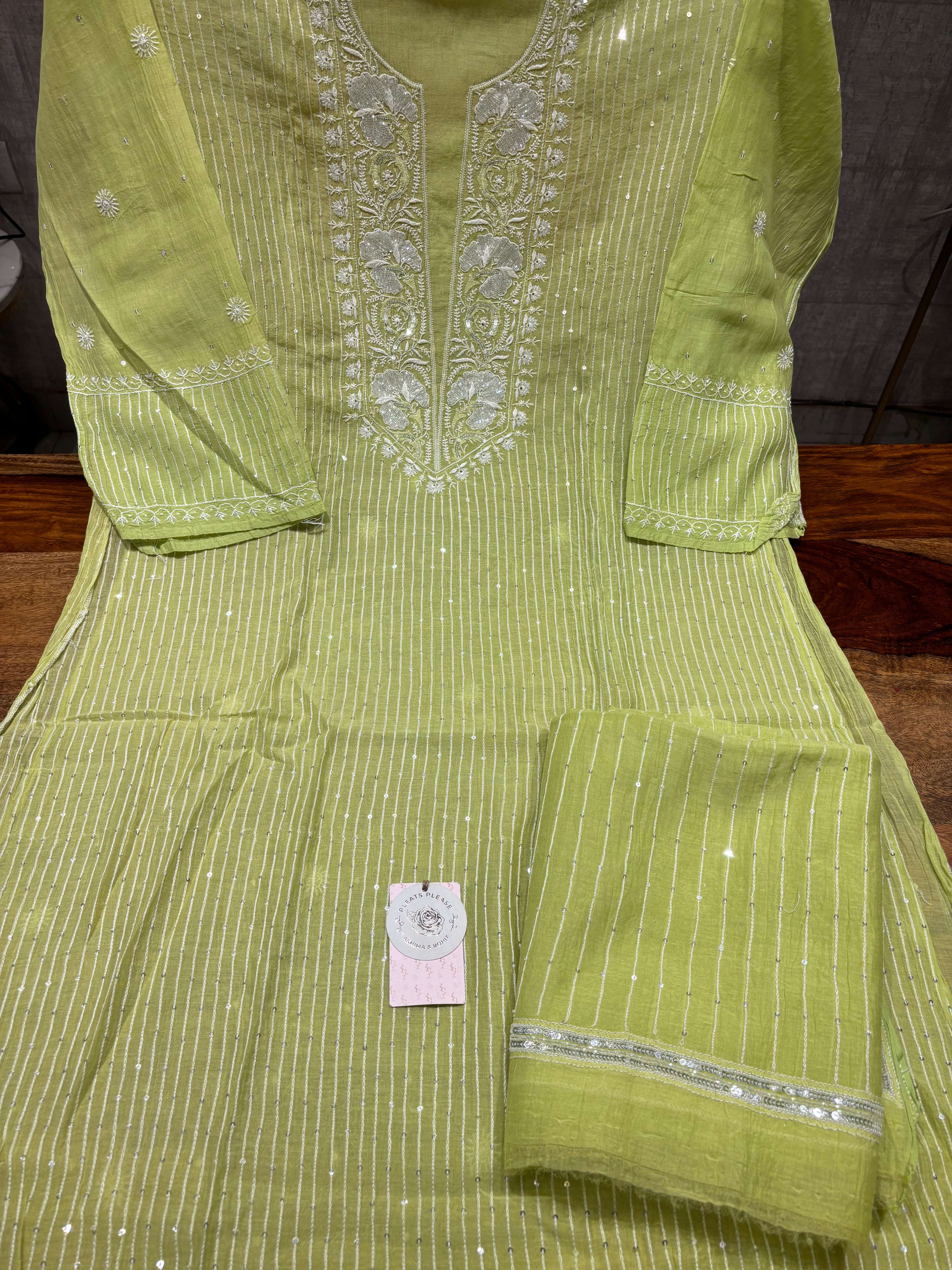 Green Chanderi Mul Chikankari Kurta and Dupatta set