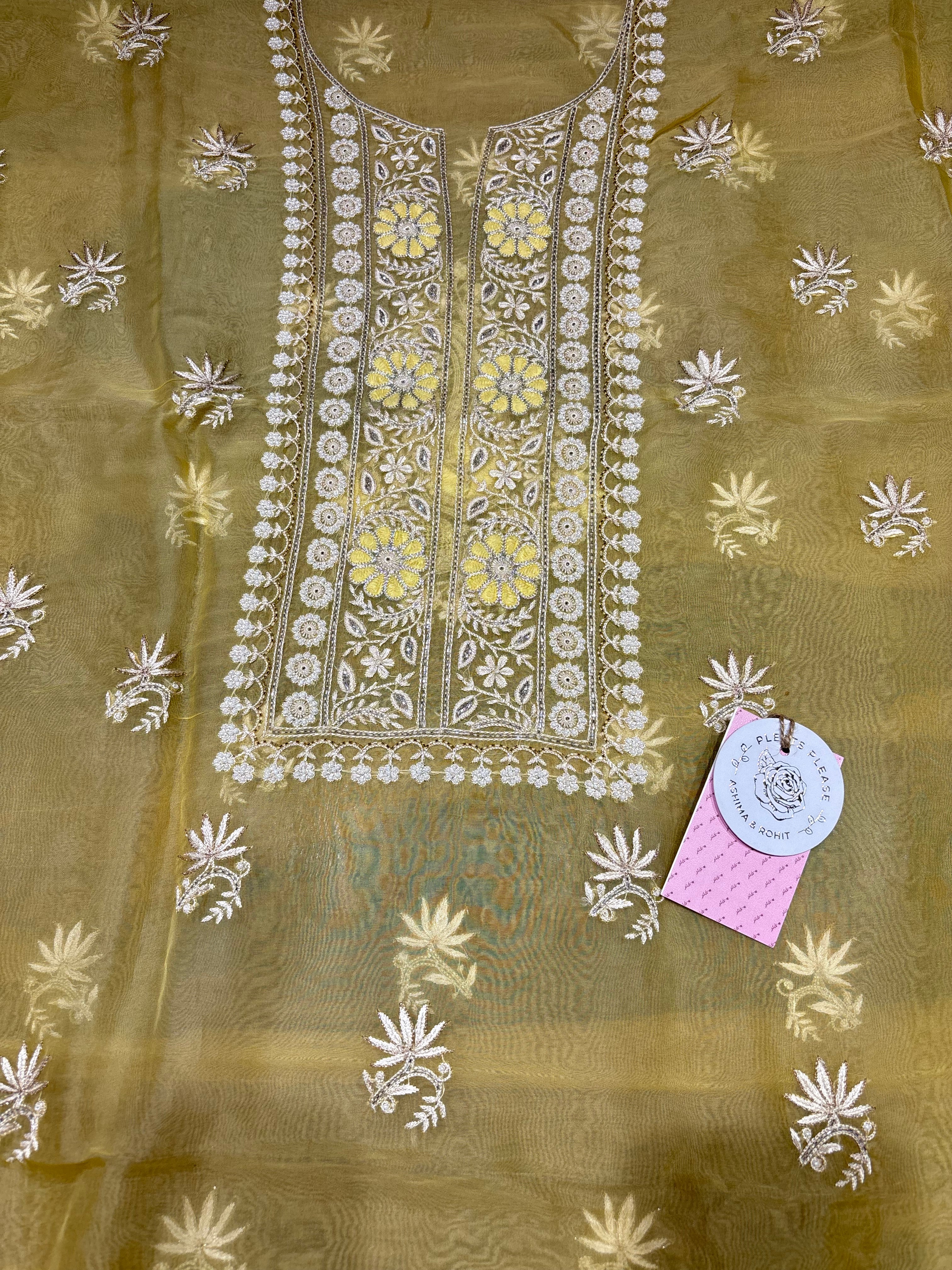 Yellow Pure & Premium Organza Silk Chikankari Kurta & Dupatta Fabric