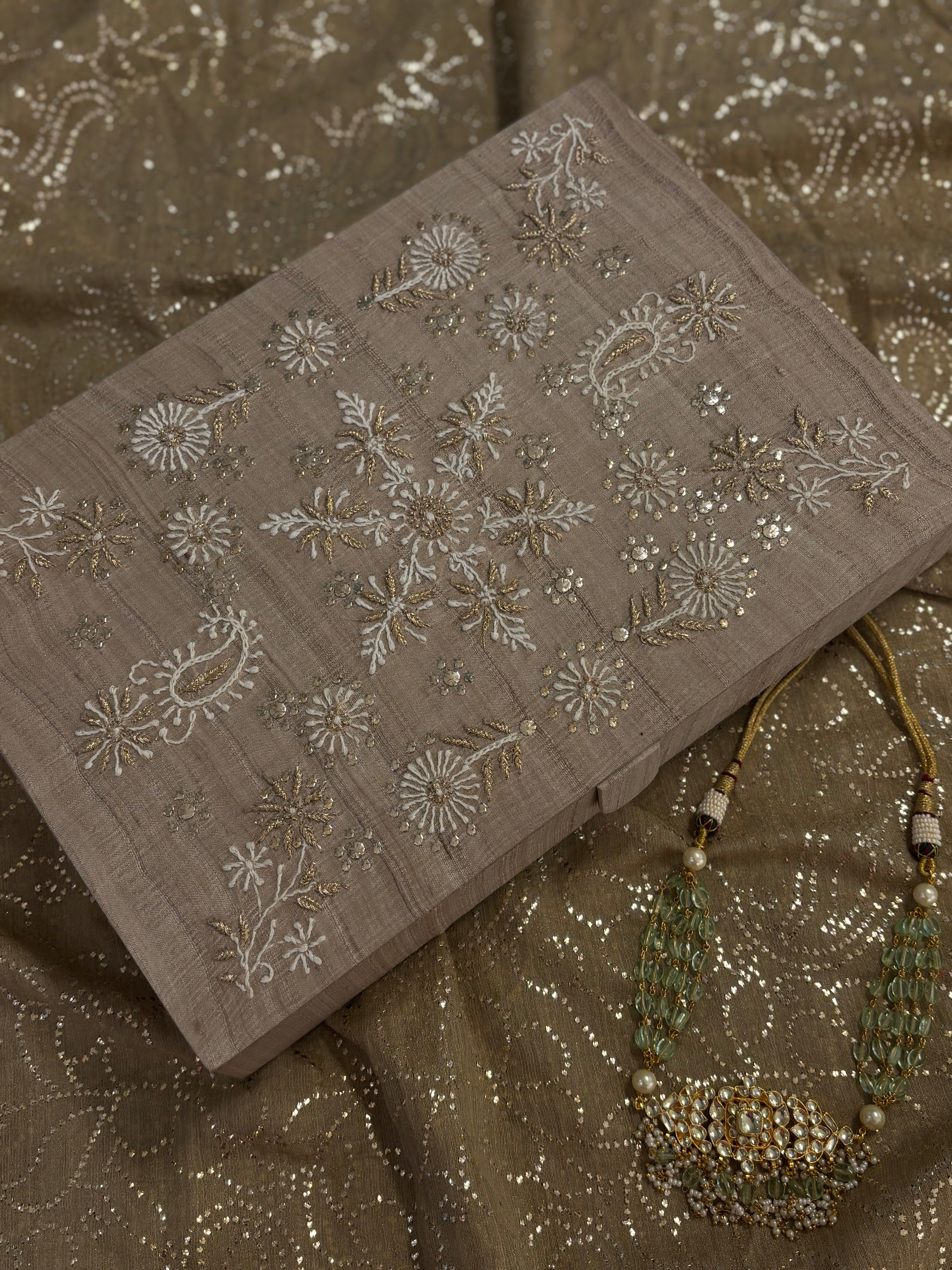 Natural Silk Chikankari Jewellery Box