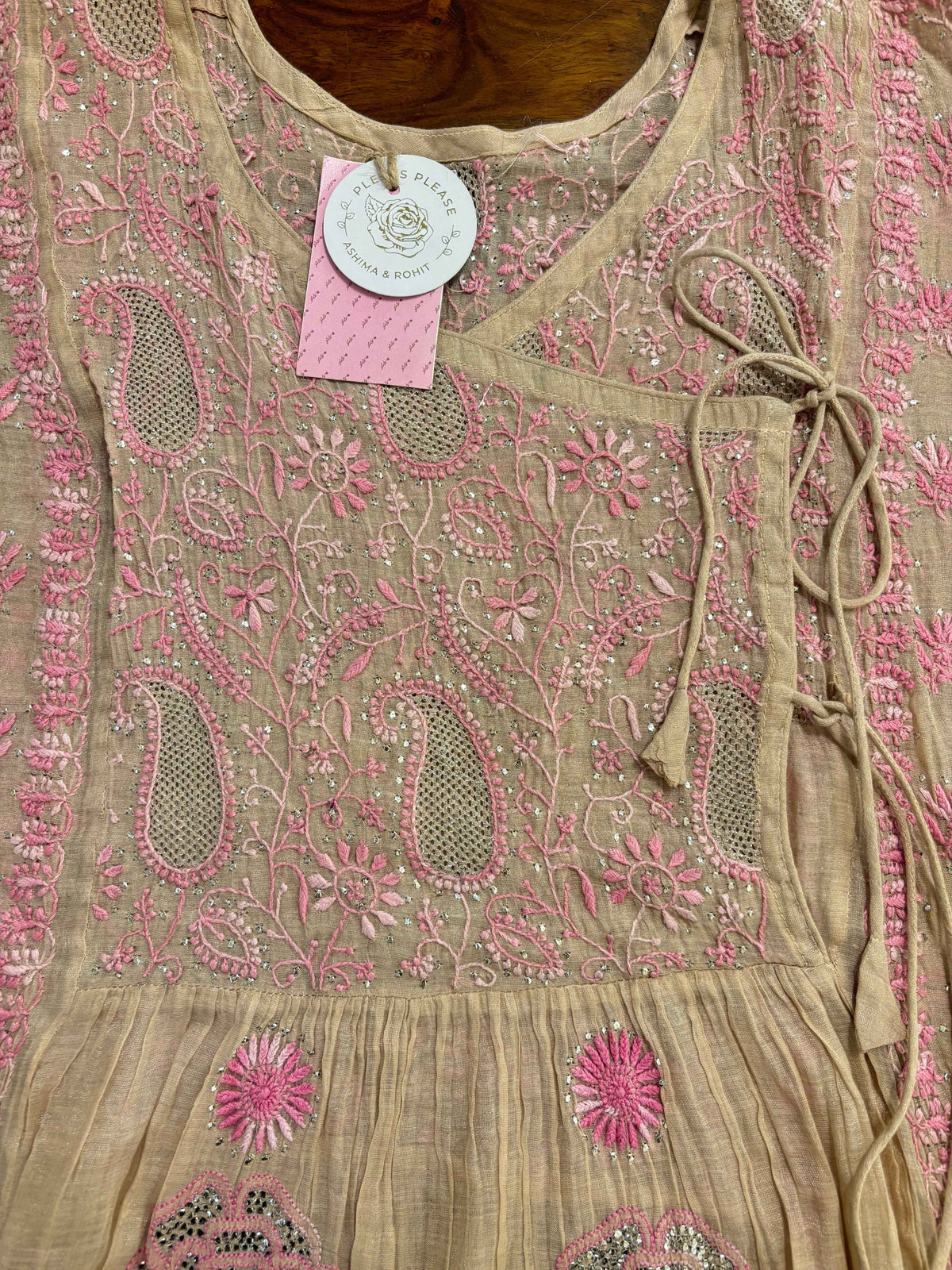 Pastel Peach Pure & Premium Tissue Chikankari Mukaish Angrakha & Dupatta