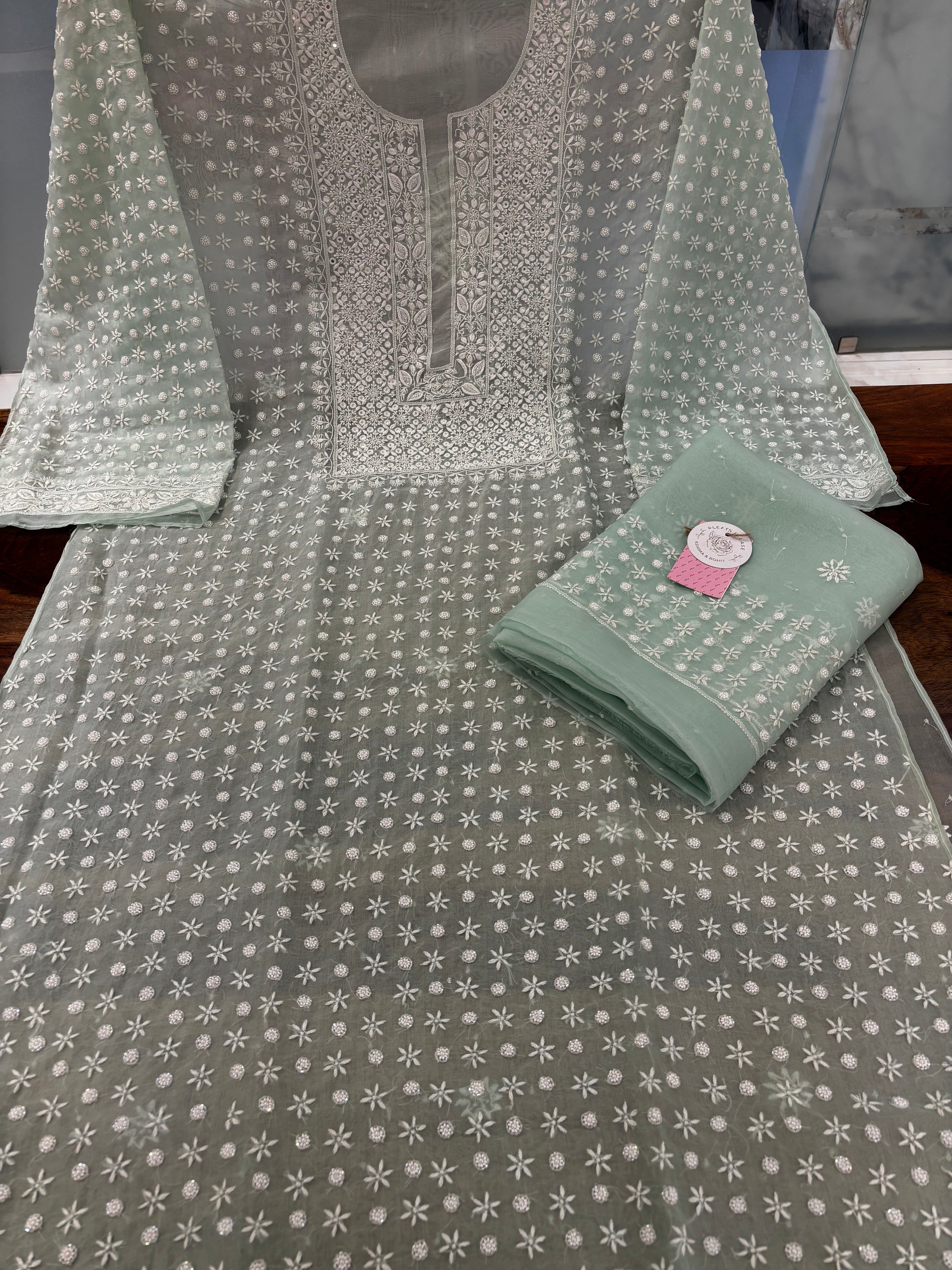 Mint Green Pure Organza Chikankari Kurta & Dupatta - Pleats PleaseChikankari