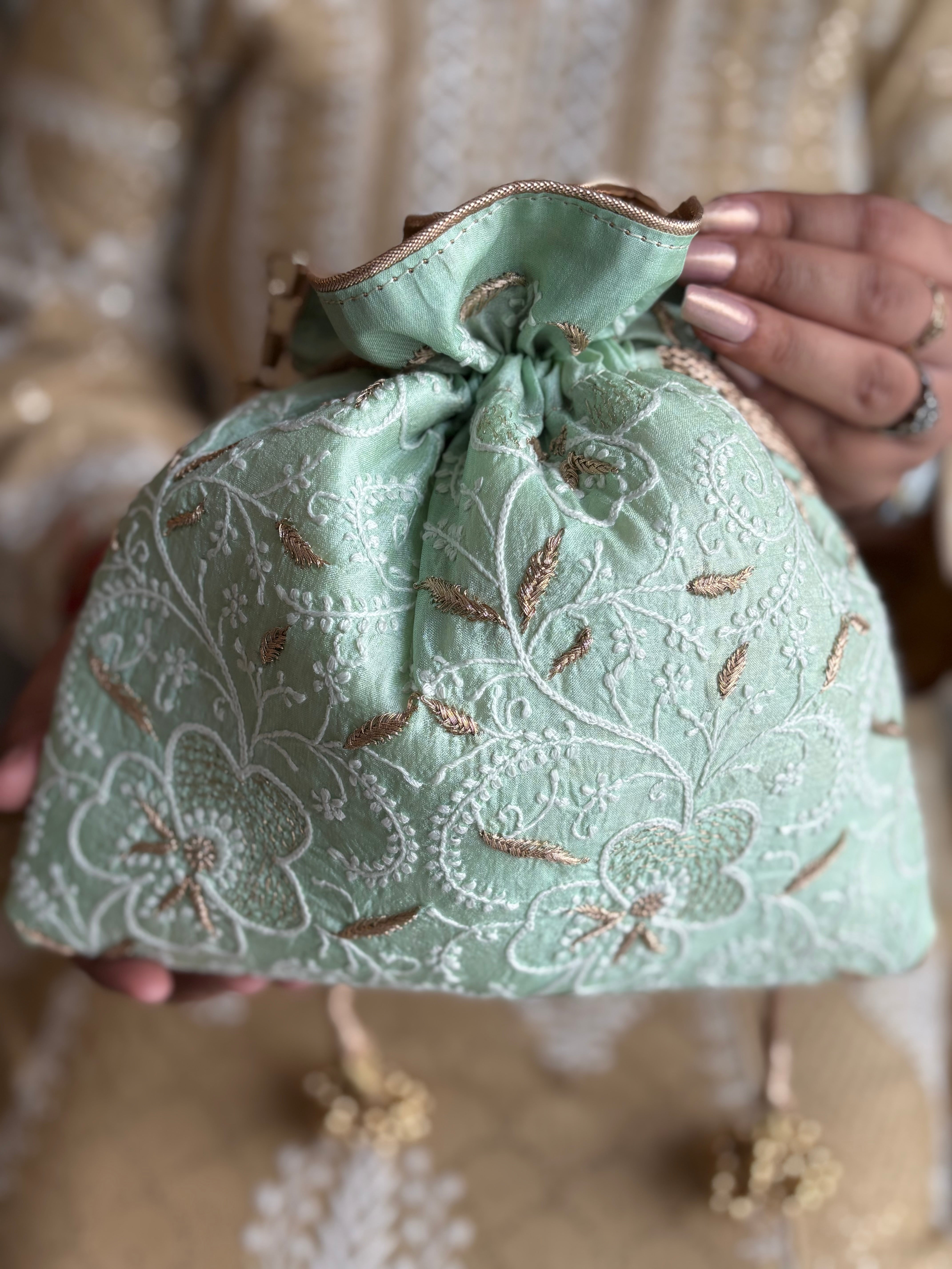 Cruise Chikankari Potli Bag - Elegant Handcrafted Accessory for Stylish Outings - Pleats PleaseChikankari