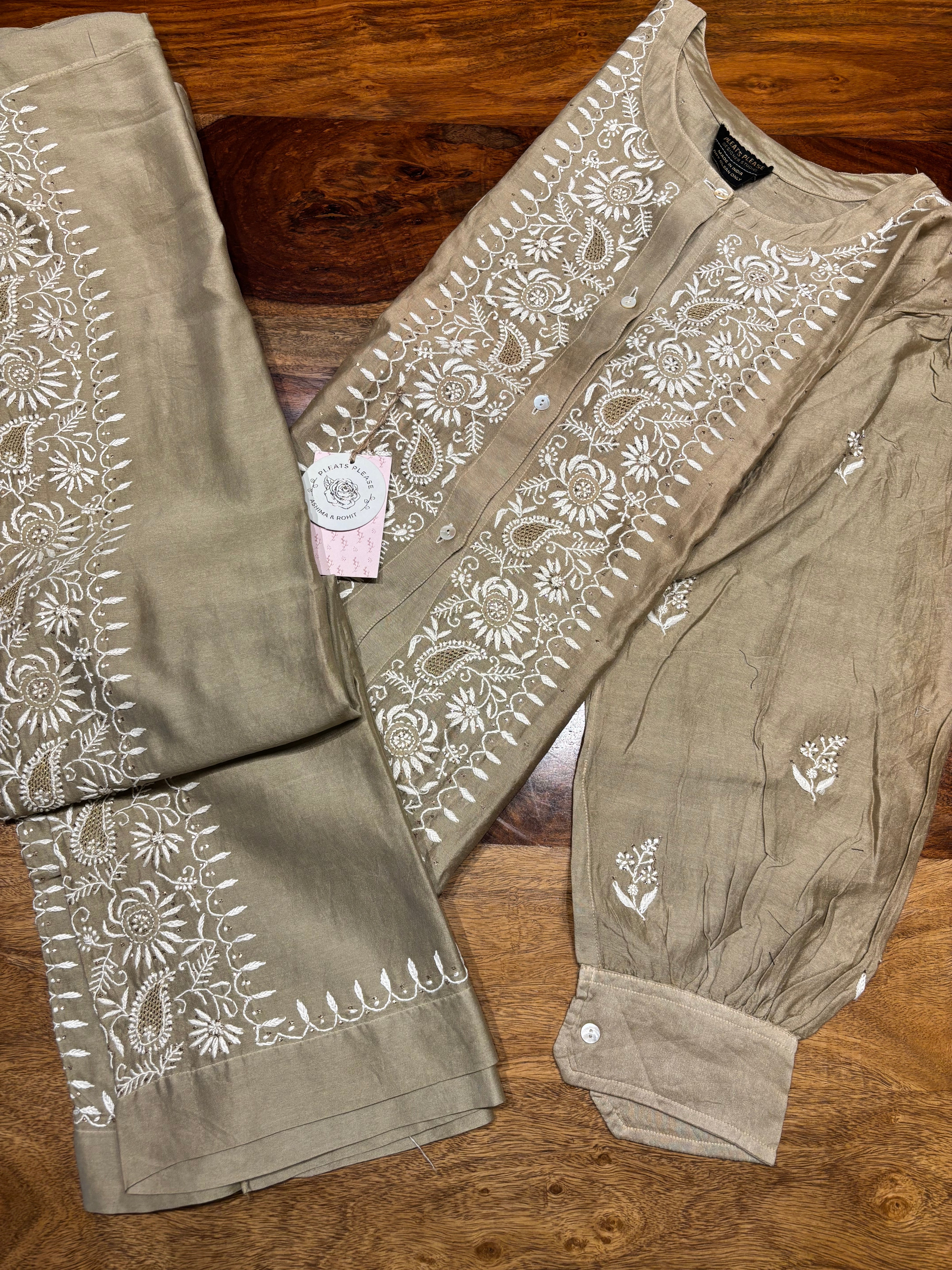 Brown Chanderi Silk Chikankari Co-ord Set