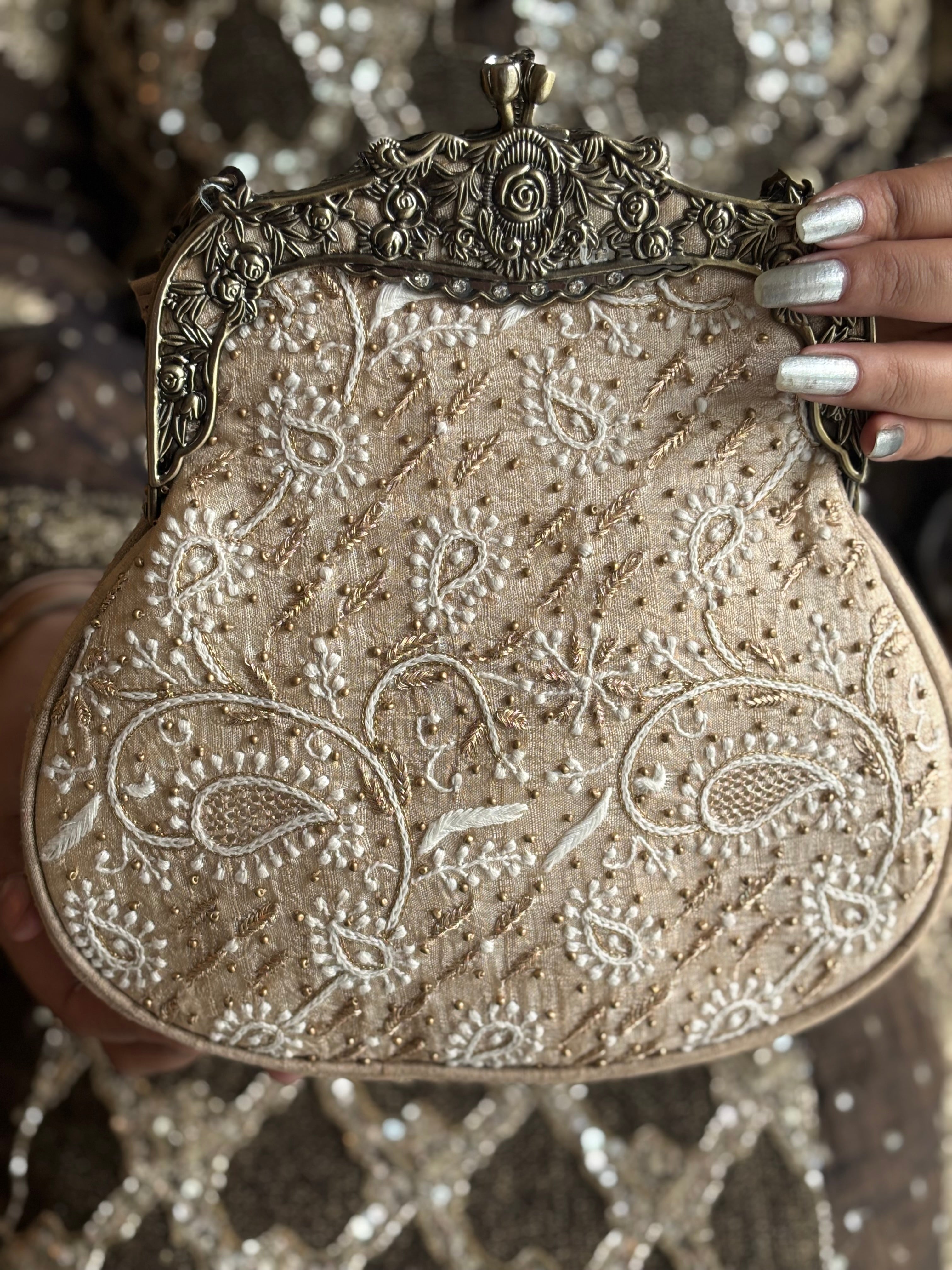 Beige Silk Chikankari Clutch