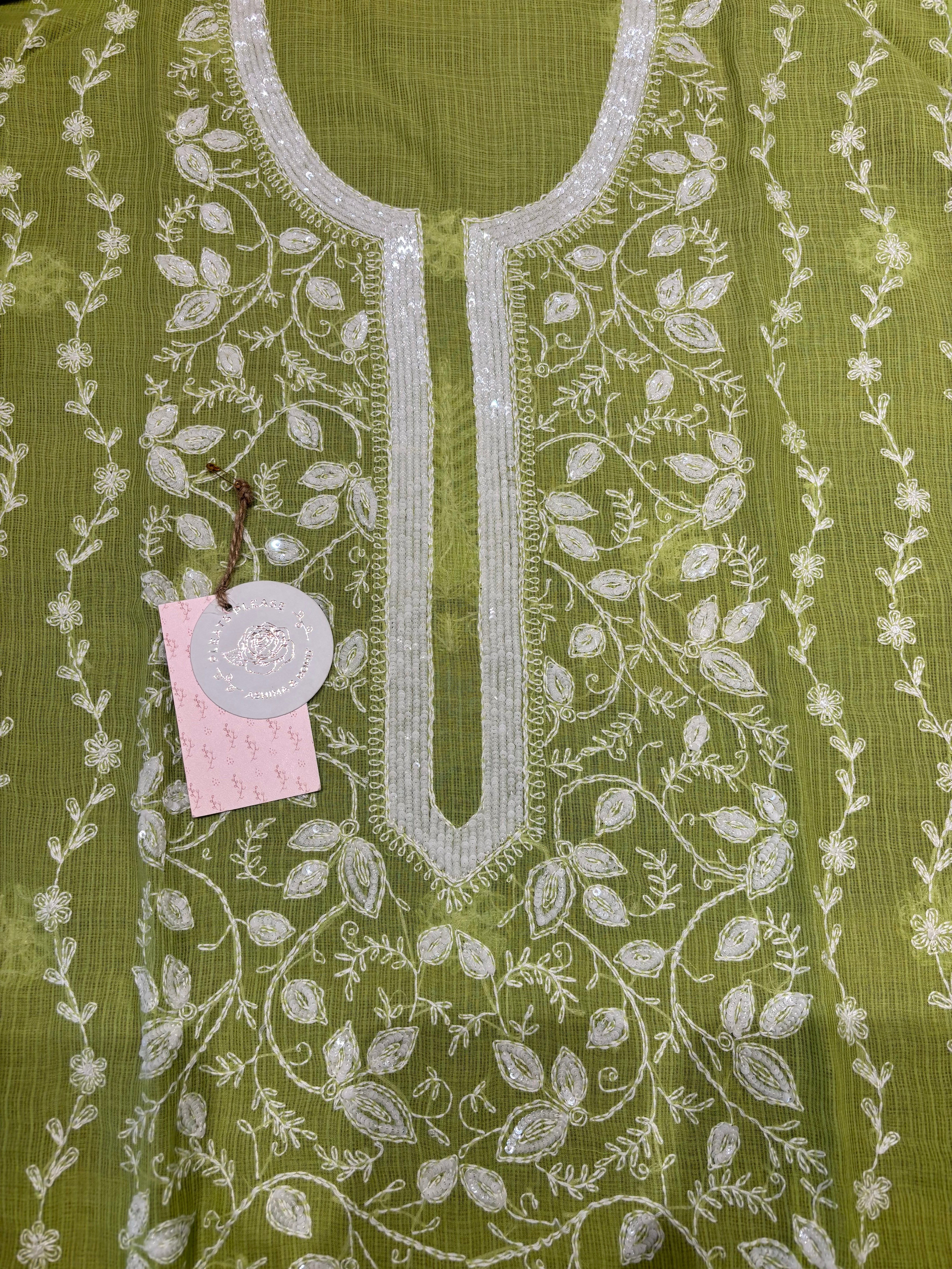 Parrot Green Kota Doria Chikankari Kurta And Dupatta Set