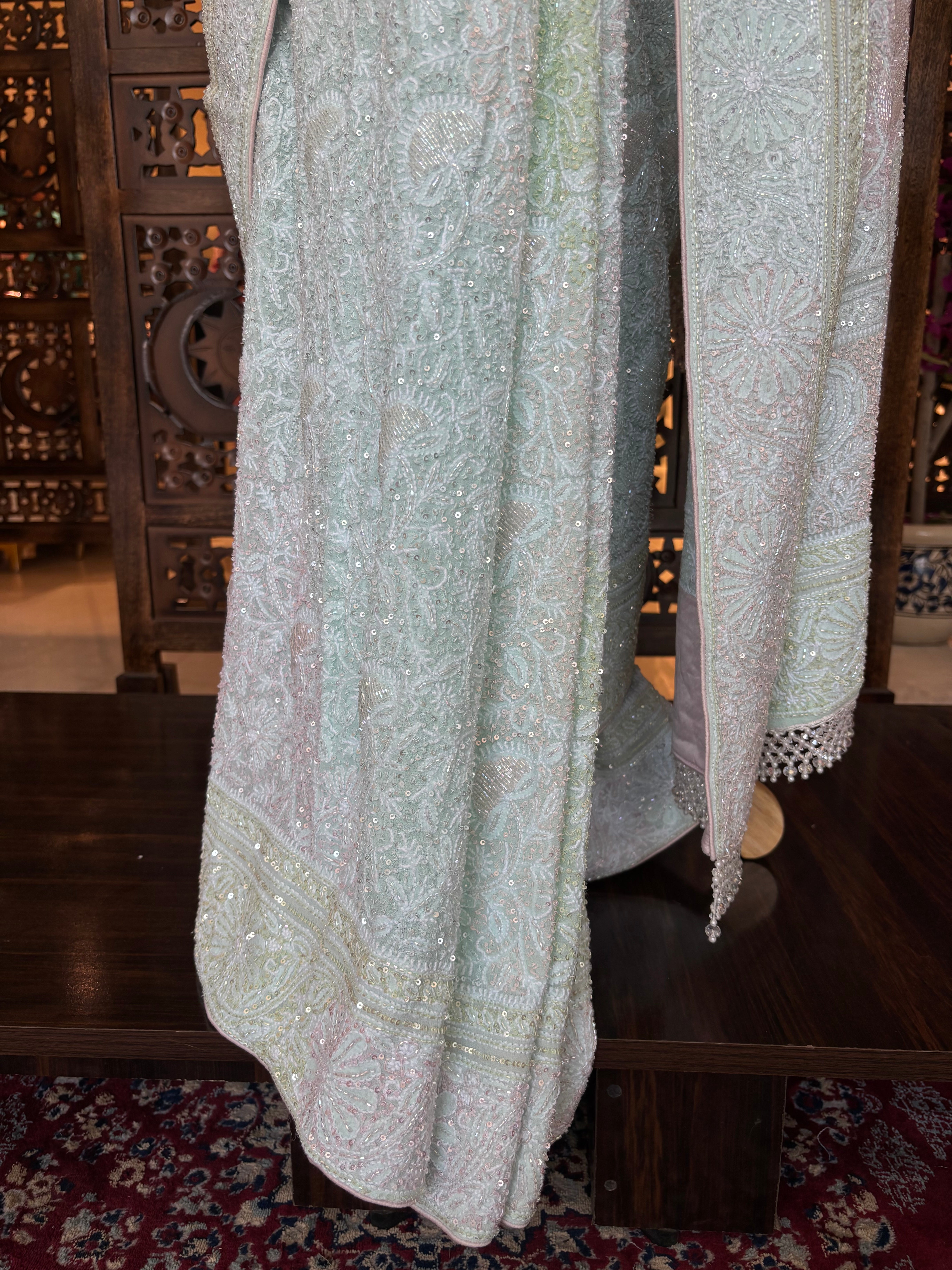 Aqua Blue Pure & Premium Georgette Chikankari Saree - Pleats PleaseChikankari